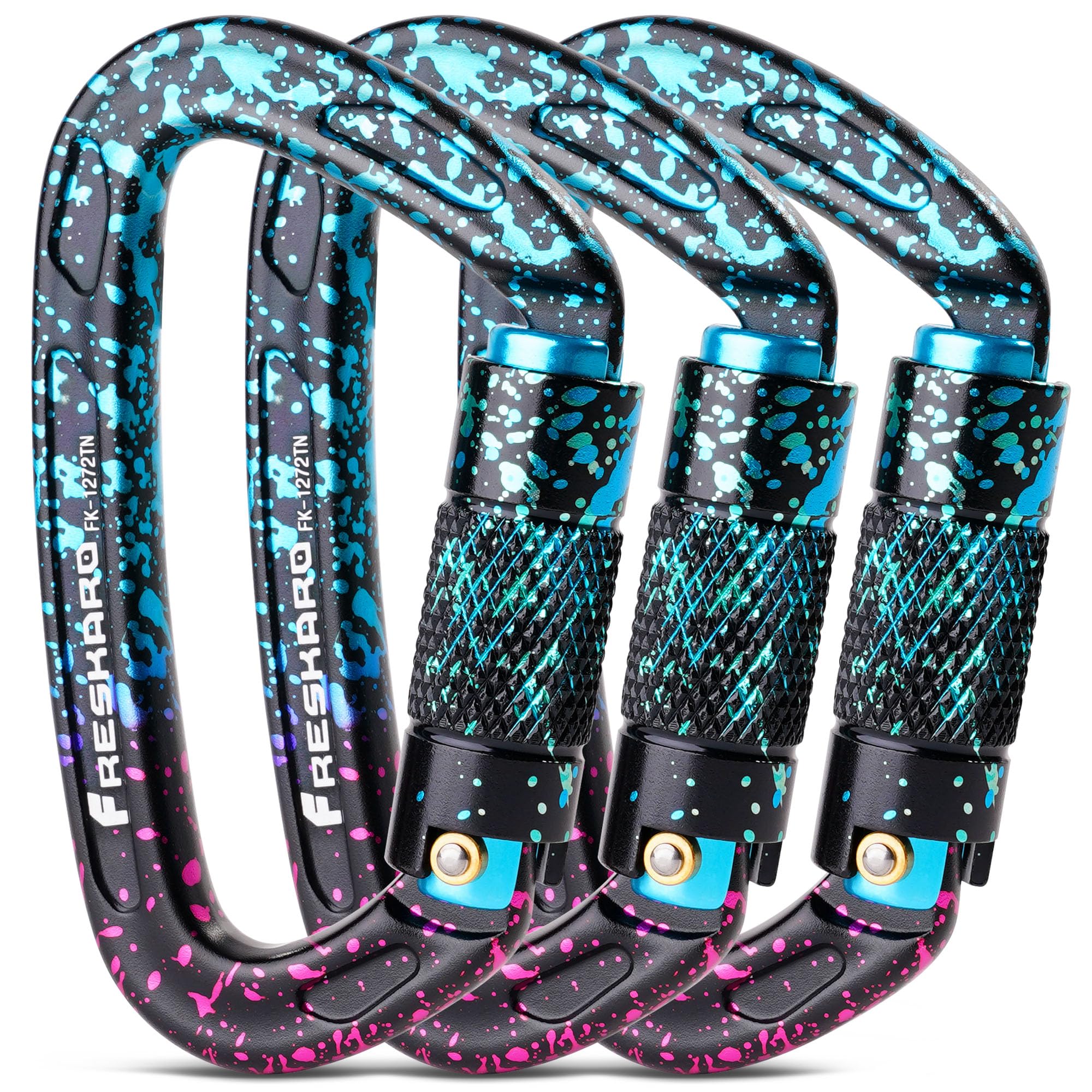 FresKaro UIAA Certified 25KN Auto Locking Climbing Carabiner Clips, Twist Lock, and Heavy Duty Carabiners for Rock Climbing, Rappelling, and Mountaineering, D Shaped