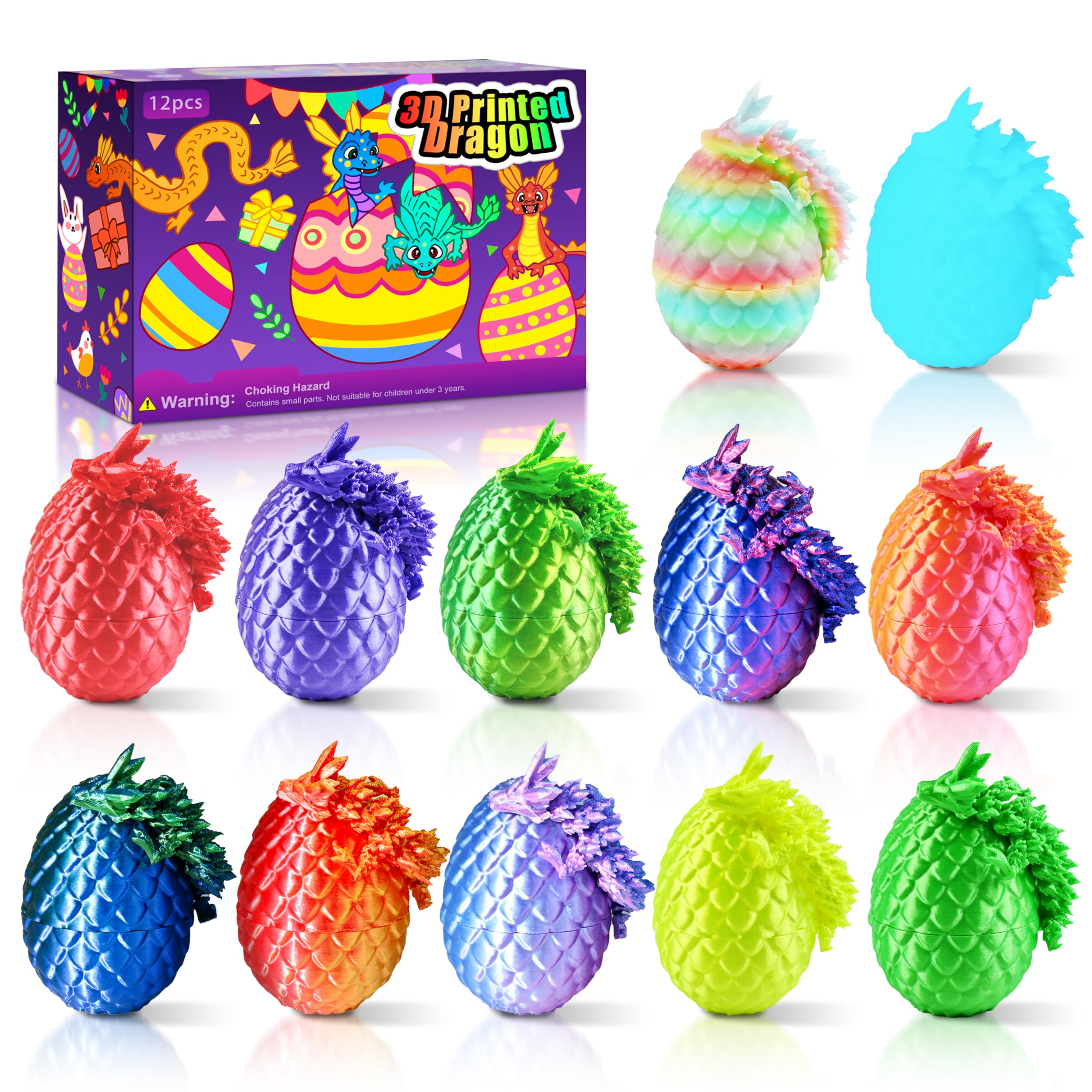 Impossmaker 12PCS 3D Dragon Eggs with Dragon Inside, Easter Basket Stuffers Mini Easter Egg Set Articulated Unique Easter Basket Essentials for Adults