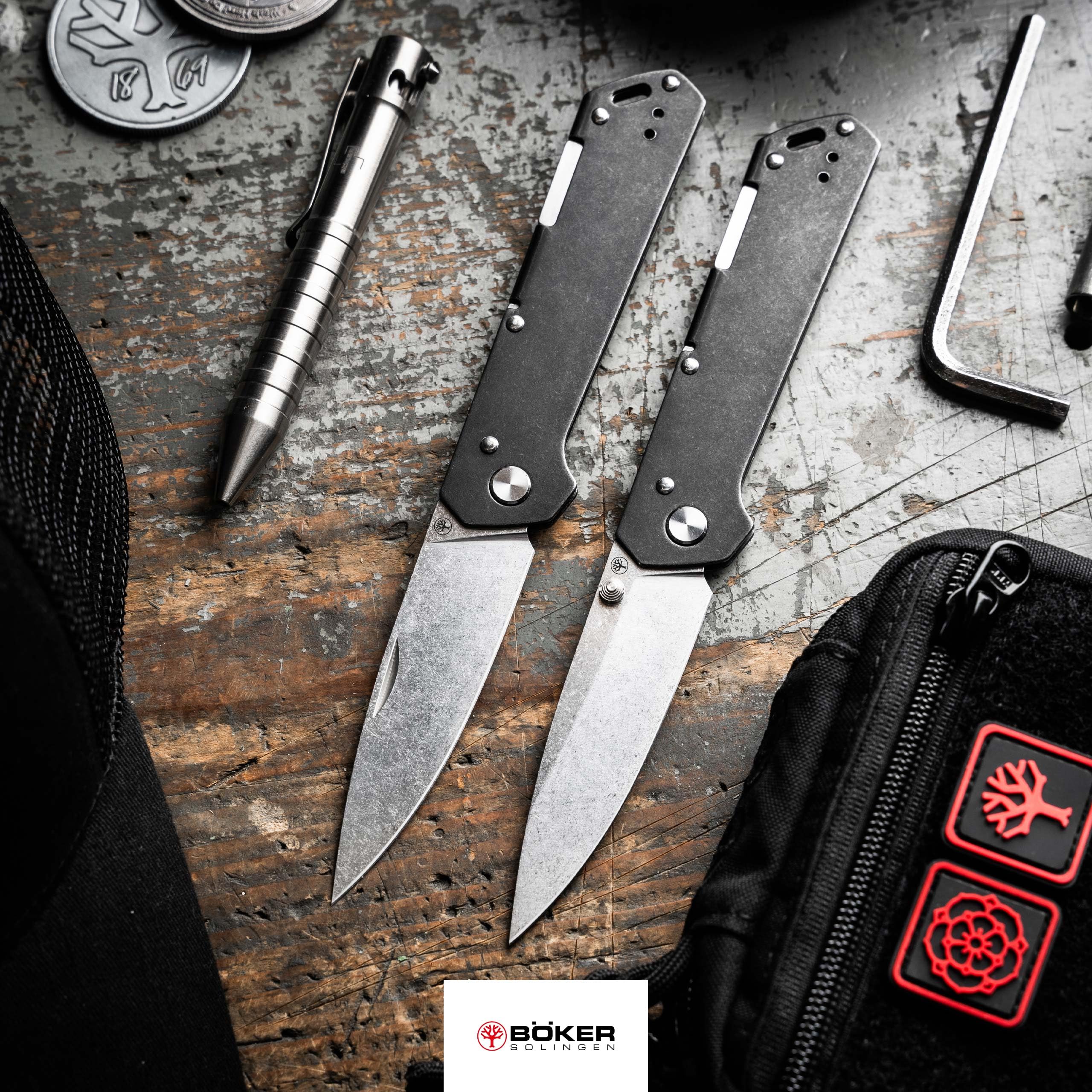BÖKER SOLINGEN® Kihon Bifold 42a Klappmesser – Backlock Zweihand Messer mit Clip – EDC Taschenmesser mit 8,1 cm Droppoint MagnaCut Klinge – flaches Vollmetal Taschenmesser – Made in Germany