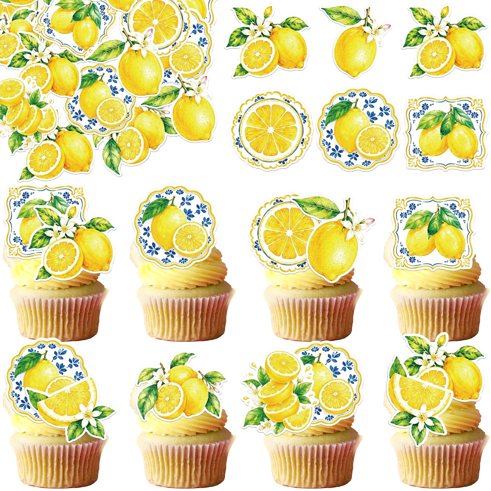63 Pack Edible Lemon Cupcake Toppers Wafer Paper Toppers Wafer Paper Tiles Yellow Lemon Cupcake Picks Decoration for Fruit Theme Lemonade Baby Shower Birthday Wedding Party Cake Decora Supplies — image 1