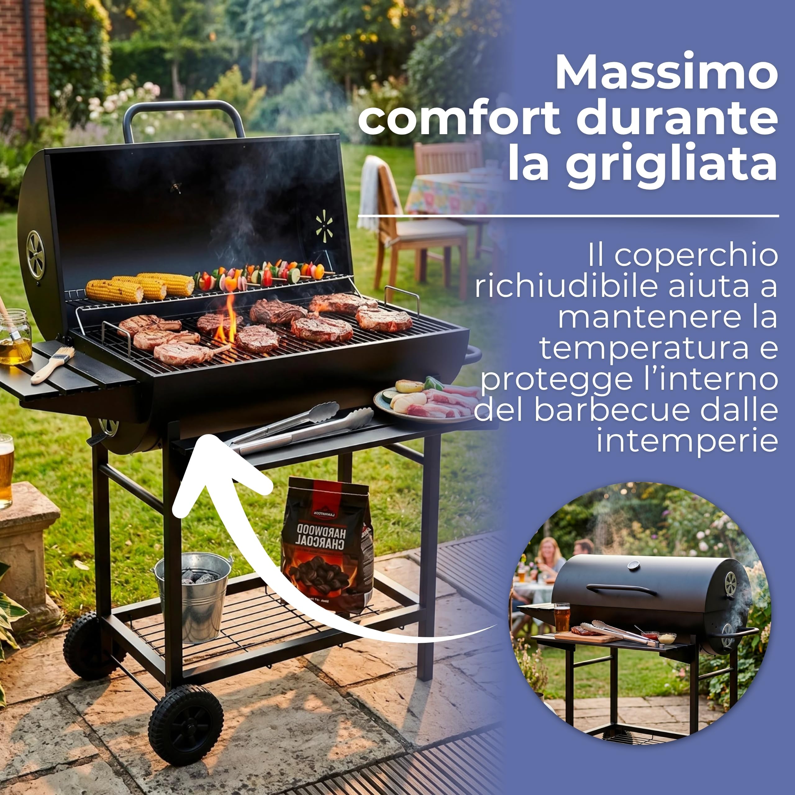 Springos Barbecue a carbonella con ruote, vassoio per carbone regolabile in altezza, termometro, griglia scaldavivande, ripiani laterali, barbecue da giardino, per terrazza, campeggio, balcone