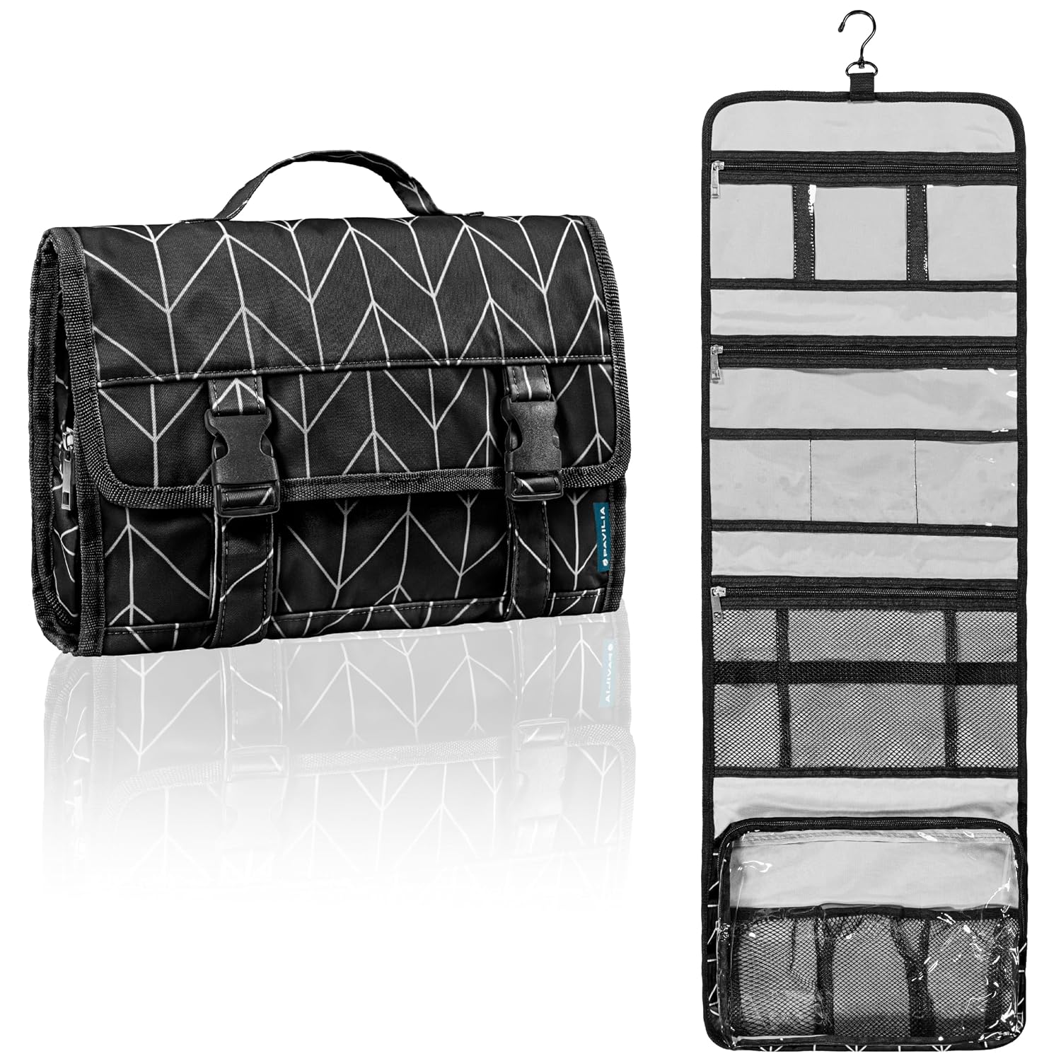 NISHEL Travel Toiletry Bag for women, Portable Hanging Organizer for Travel-Sized Shampoo, Conditioner, Brushes Set, makeup Accessories, Medium Size, Pink