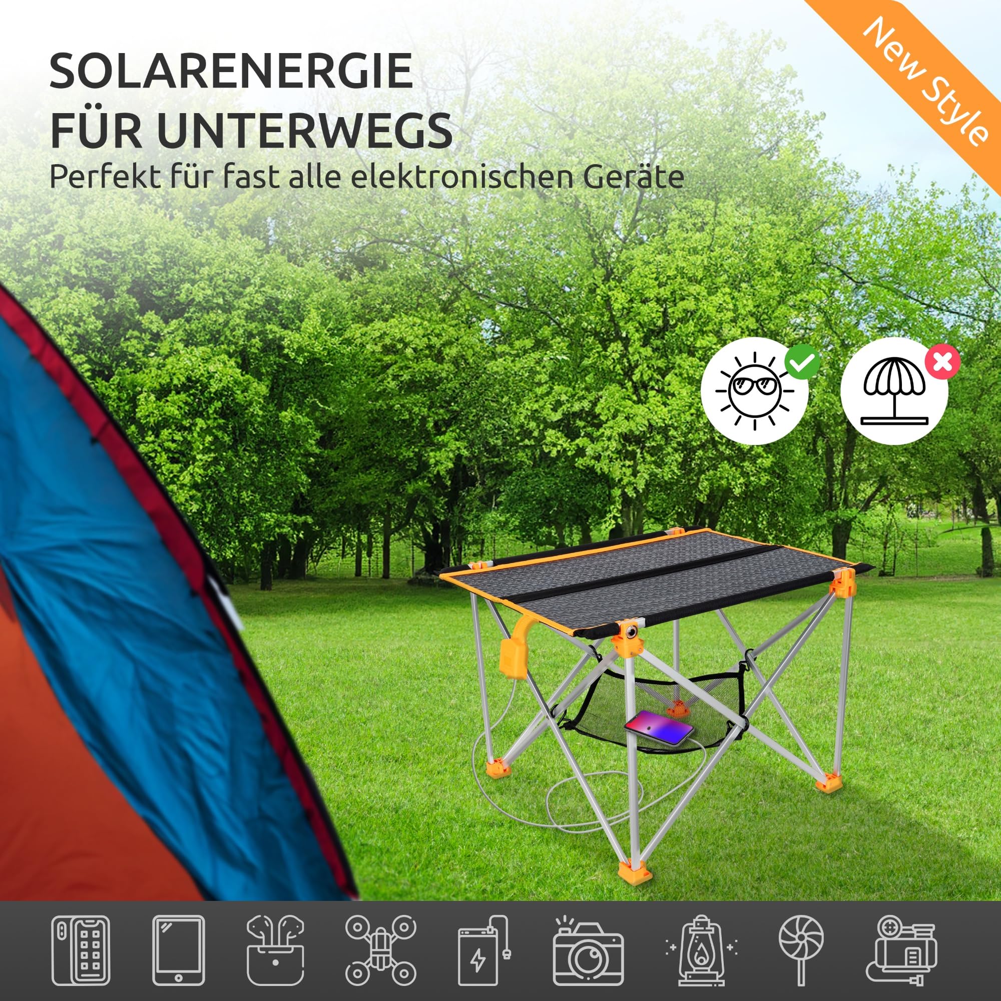 Solar Campingtisch faltbar klein leicht I 33W Solarpanel USB und Klapptisch I Outdoor Ausrüstung Ultraleicht I Solar Ladegerät für Handy I Camping Zubehör