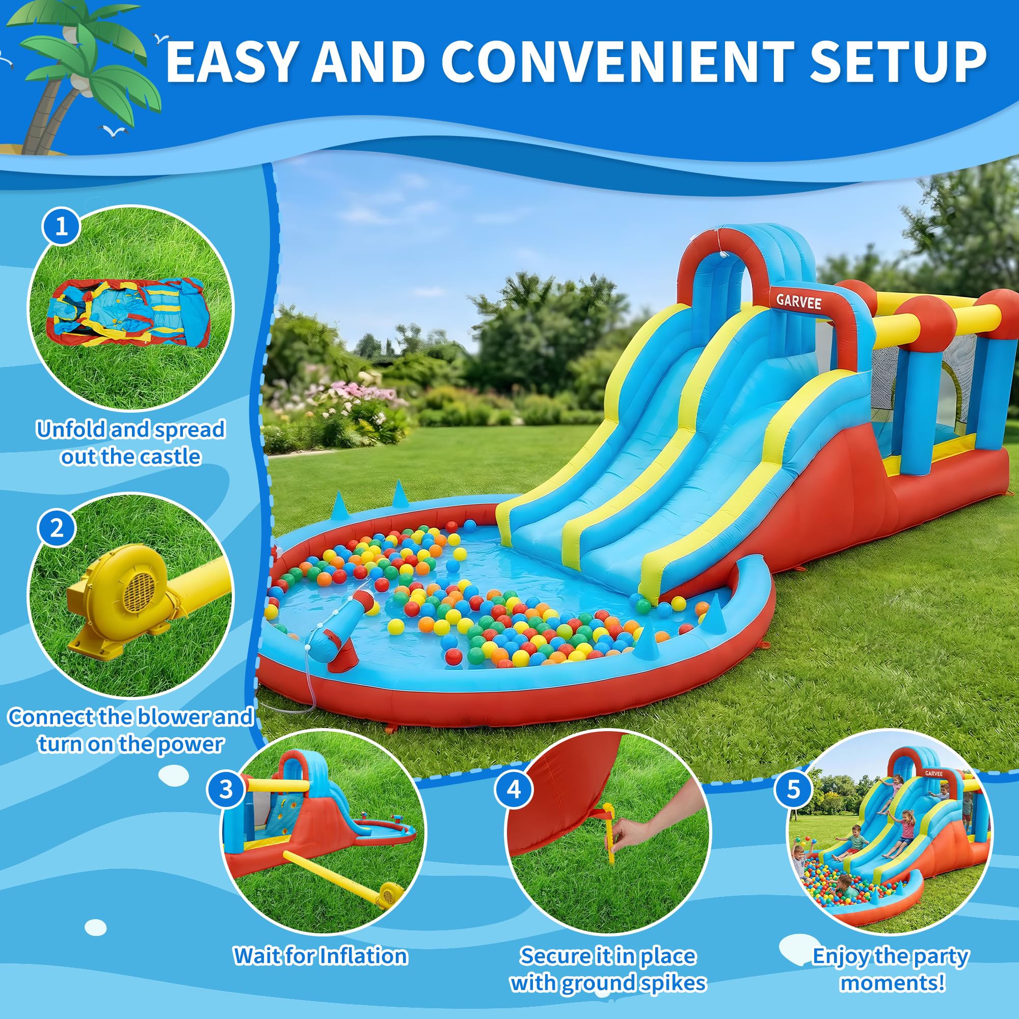 Hüpfburg mit Wasserrutsche, Hüpfburg XXL mit Gebläse, Hüpfburg Outdoor Springen,Wasserpistole,Splash Pool, Rutsche Outdoor, Children's Bouncy Castle for Indoor or Spiele Gartenspiele, Garten Spielzeug