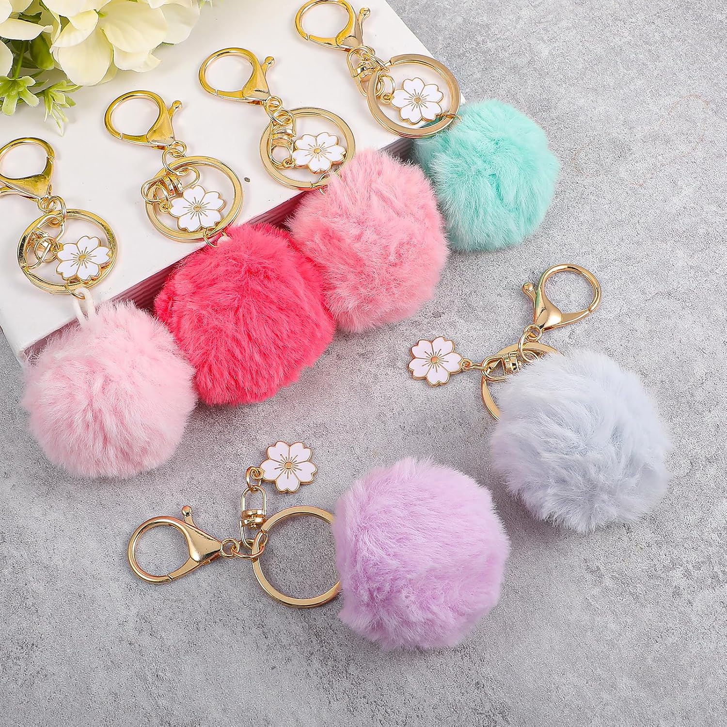 6PCS Animal Pom Pom Keychain, Rabbit Faux Fur Ball Keychain, Fluffy Ball Faux Rabbit Fur Pompoms Keyring, Cute Faux Fur Fluffy Fuzzy Keychain Ball for Girls Women Bag Accessories - Image 5