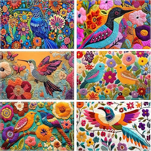 Birds Colorful The Four Seasons - Juego de manteles individuales de 6 a 12 x 18 pulgadas, decoración de temporada navideña, resistentes a las