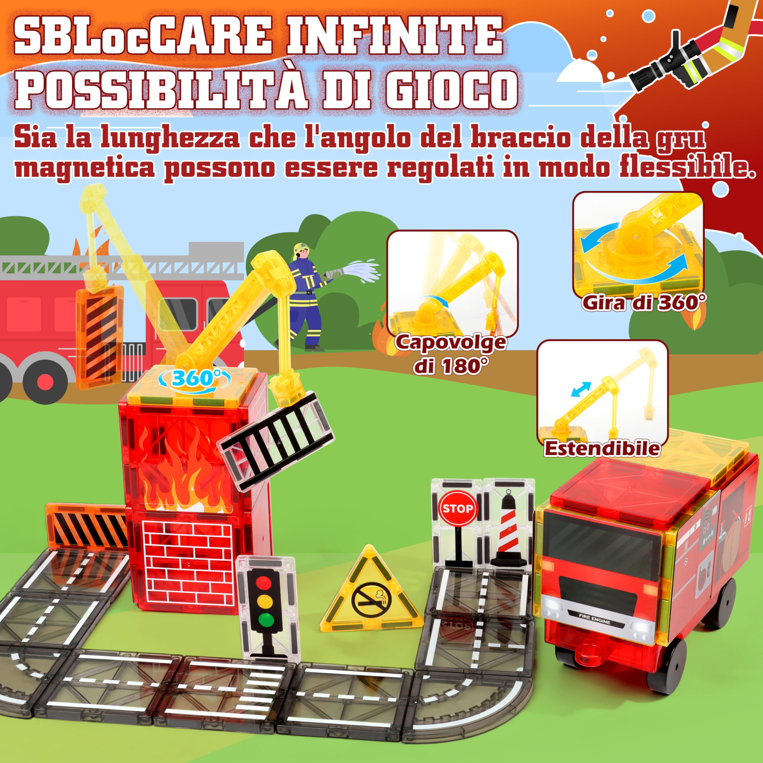 YOOHBERRYS Costruzioni Magnetiche Strada, Costruzioni Magnetiche per Bambini 100 pezzi con Camion dei Pompieri e Building, Tessere Magnetiche Blocchi Magnetici Giocattoli Tiles Magnetic 3 4 5 6 anni