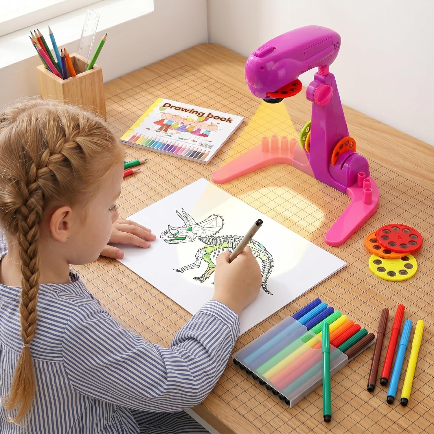 Kids Drawing Projector for Boys Girls Ages 3-8: 32 Patterns Trace and Draw Projector Toy, Adjustable Art Sketcher Painting Machine - Educational Birthday Gift for Toddlers(Pink)