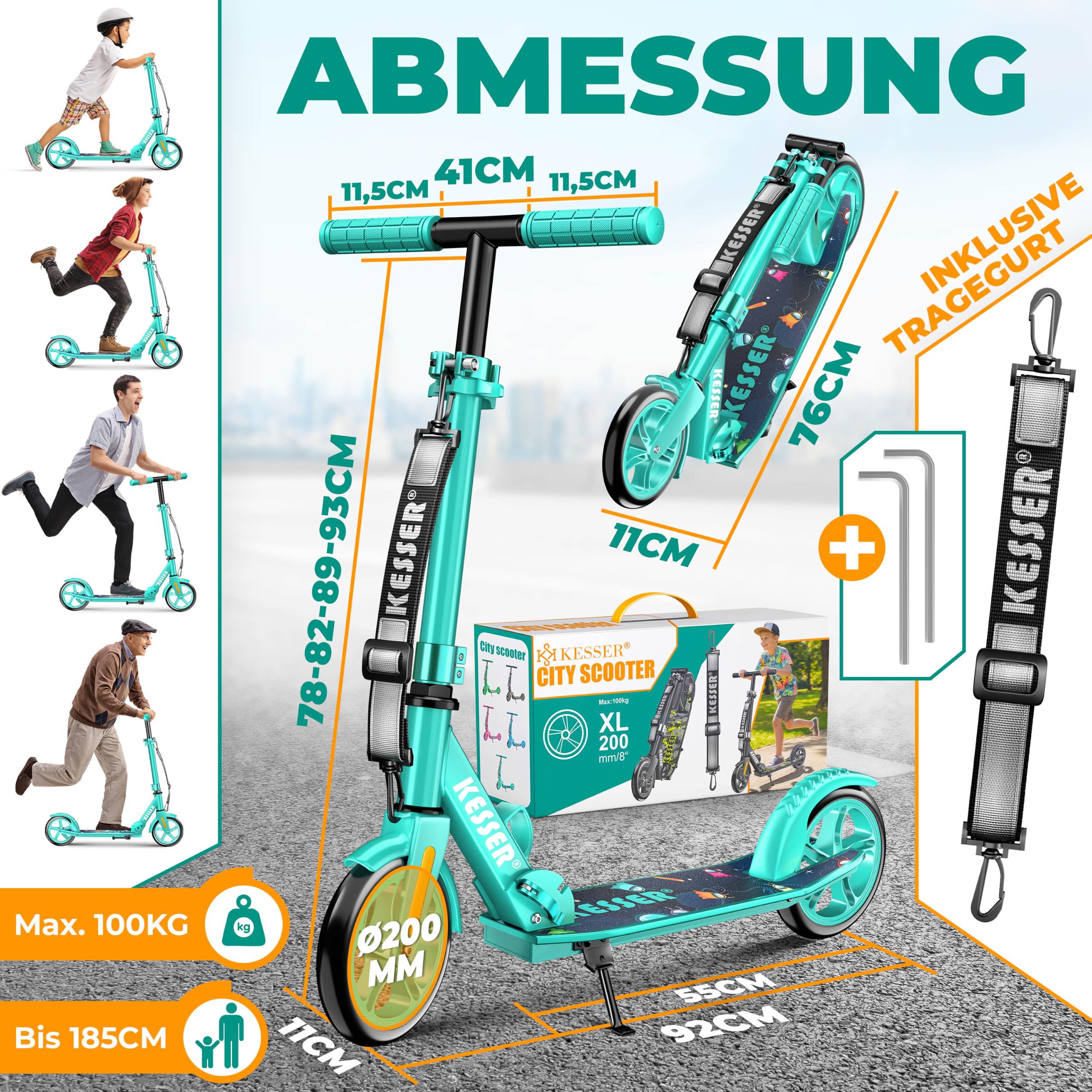 KESSER® Scooter Roller Kinderroller Cityroller Tretroller Kickroller klappbar höhenverstellbar, Kickscooter bis 100kg, Hinterradbremse, rutschfeste Trittfläche, bis 185cm Körpergröße, inkl. Tragegurt