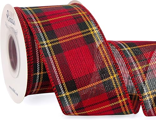 Ribbli - Cinta Navideña con Alambre, Diseño a Cuadros Navideño de Arpillera 2-12 pulgadas x 10 Yardas Continuas para Adorno de Árbol, Lazo, Corona