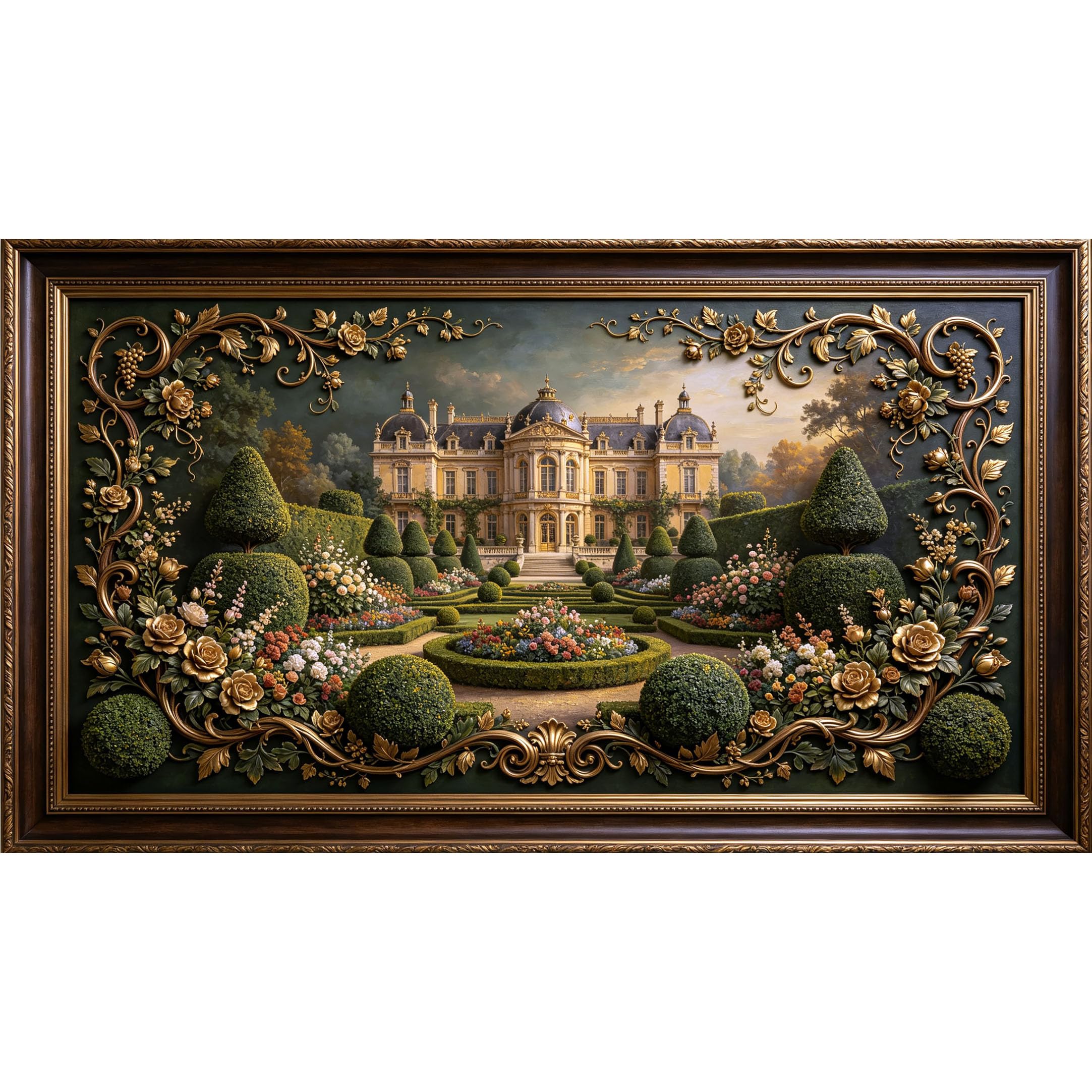 QZLITHOTIC 50×90cm3D Framed Wall Art， Neoclassical Palace Garden Floral Gold Frame Self?Adhesive Mural， Water?Activated Peel & Stick Fabric Decor Wall Decal for Bedroom Living Room