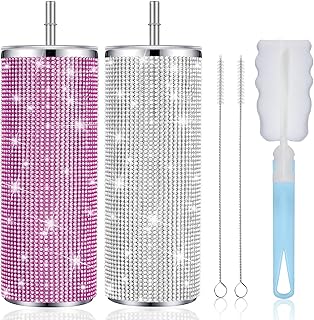 Tessco 2 Pcs Bling Tumbler 20oz Rhinestone Cup Christmas Gift Cup Glitter Diamond Bottle with Lid and Straw Stainless Steel Bling Thermal Water Bottle for Women (Silver, Pink)
