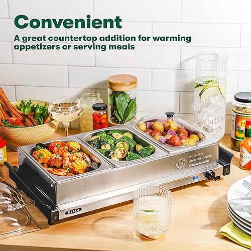 Miniatura 5 de BELLA 3 servidores de buffet eléctrico triple de 1.5 cuartos de galón, bandeja de calentamiento de alimentos y olla de cocción lenta, estación de