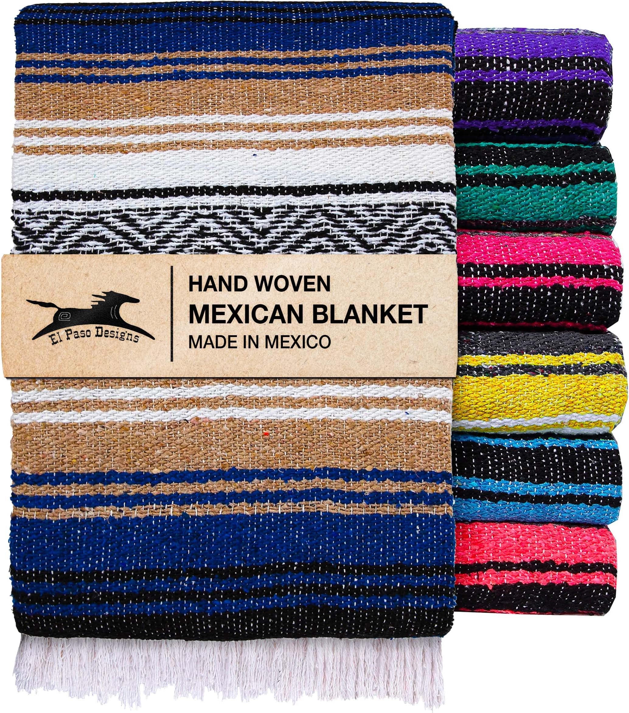 El Paso Designs Mexican Yoga Blanket – Colorful Falsa Serape Throw for Yoga, Beach, Picnic, Saddle, or Home Décor – Soft Woven Boho Blanket (Blue and Tan)