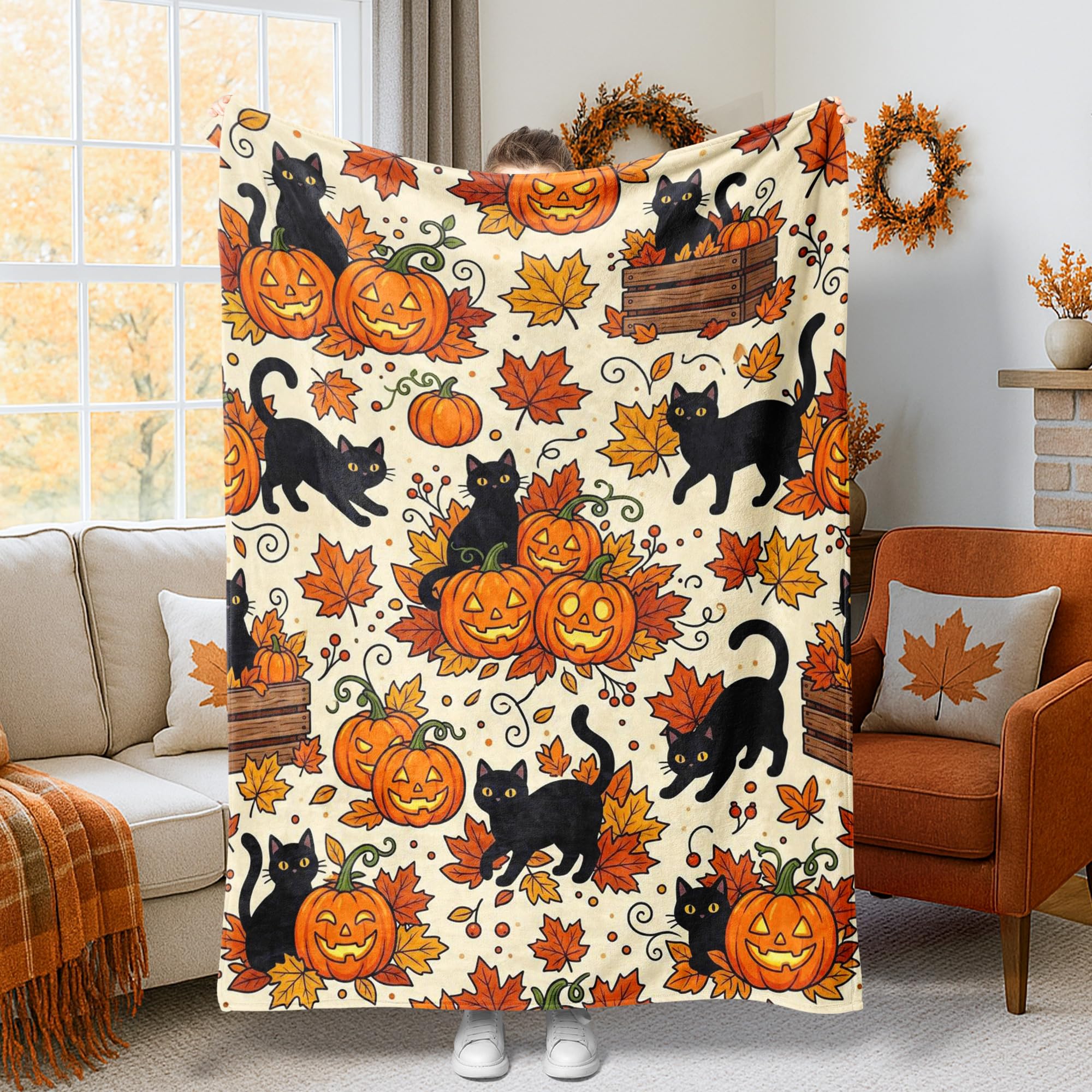 Plaid citrouilles et chat d'Halloween, cadeau déco idéal pour automne