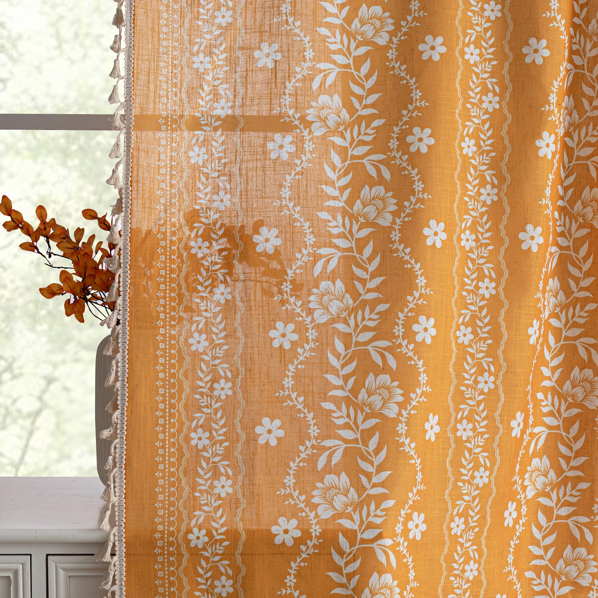 MYSKY HOME Boho Floral Curtains 108 Inch Long for Living Room Golden Yellow