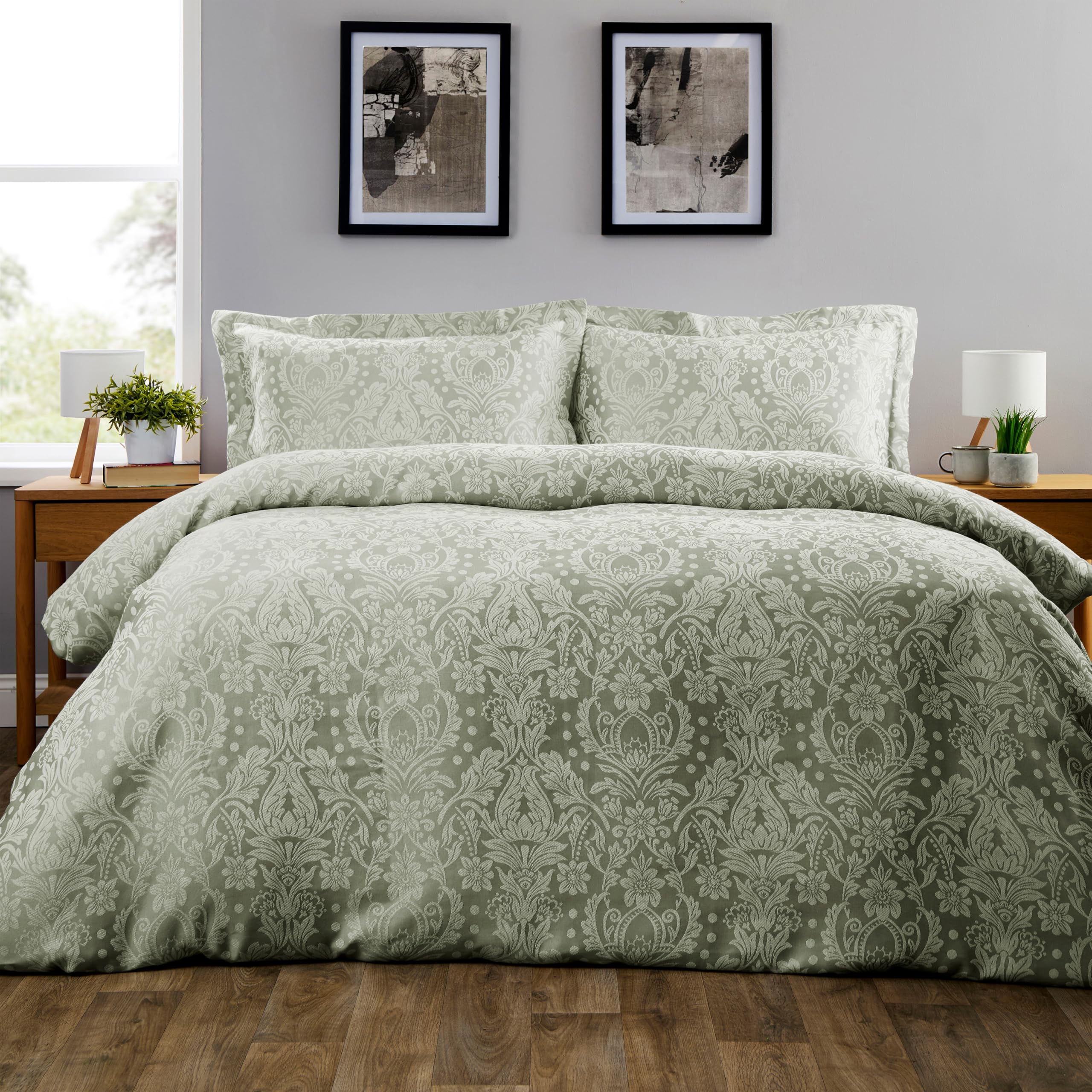 Olivia Rocco Sage Green Dorchester Jacqaurd Duvet Cover Set Quilted Bedding Covers With Pillowcases, Single