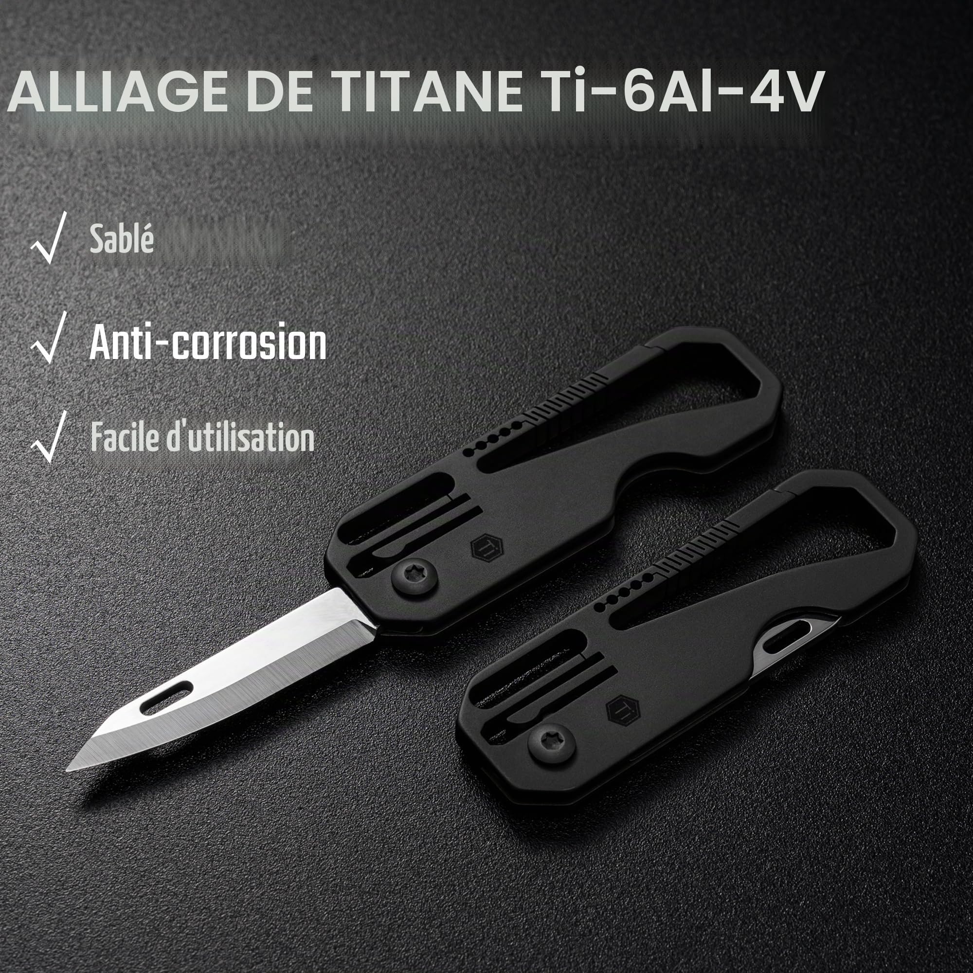 KeyUnity KK08 Couteau pliant EDC - Couteau utilitaire de poche en titane avec mousqueton pour le transport quotidien (KK08BK)