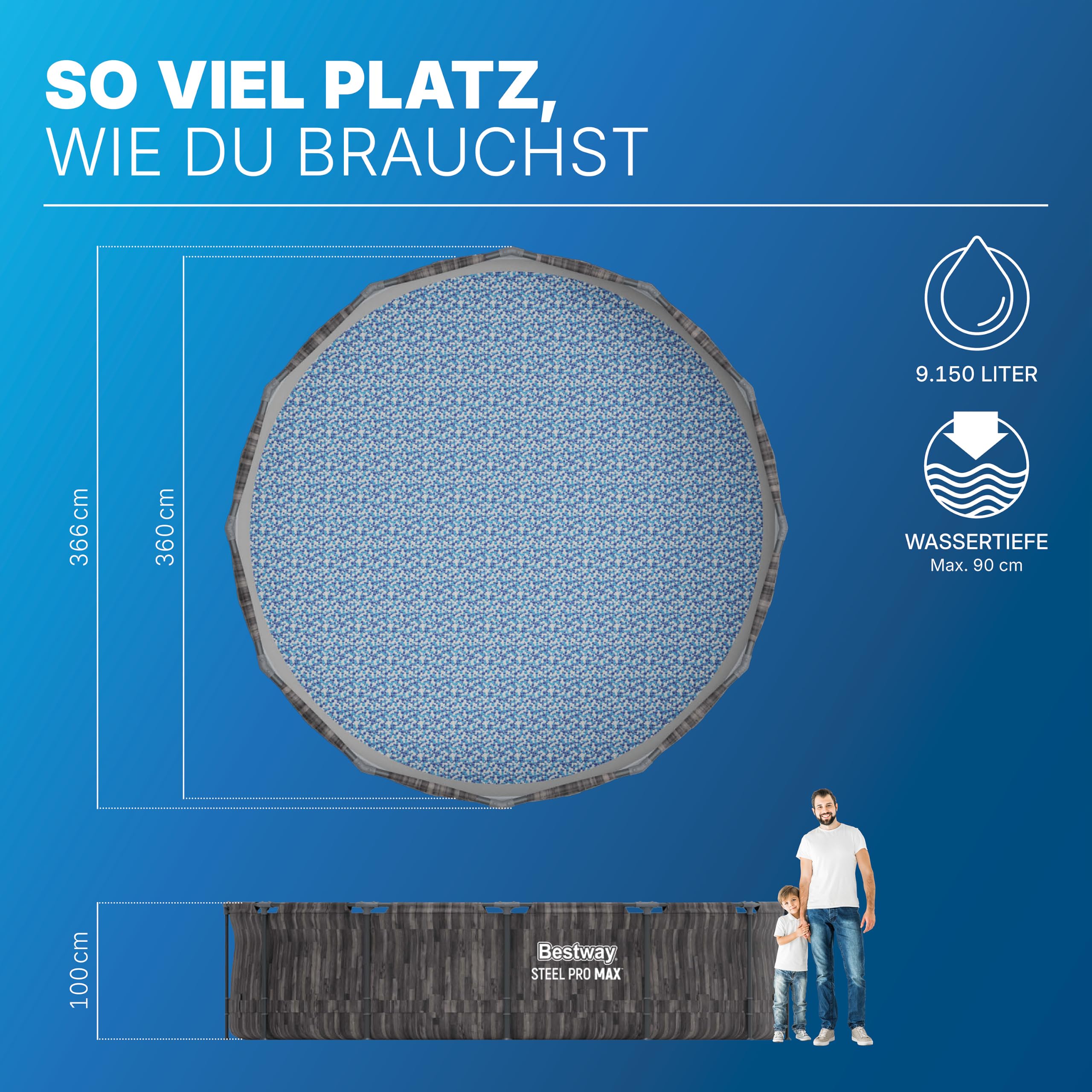 Bestway Aufstellpool rund 366x100 cm Set mit Filterpumpe Holz-Optik 9150 L TriTech-Material