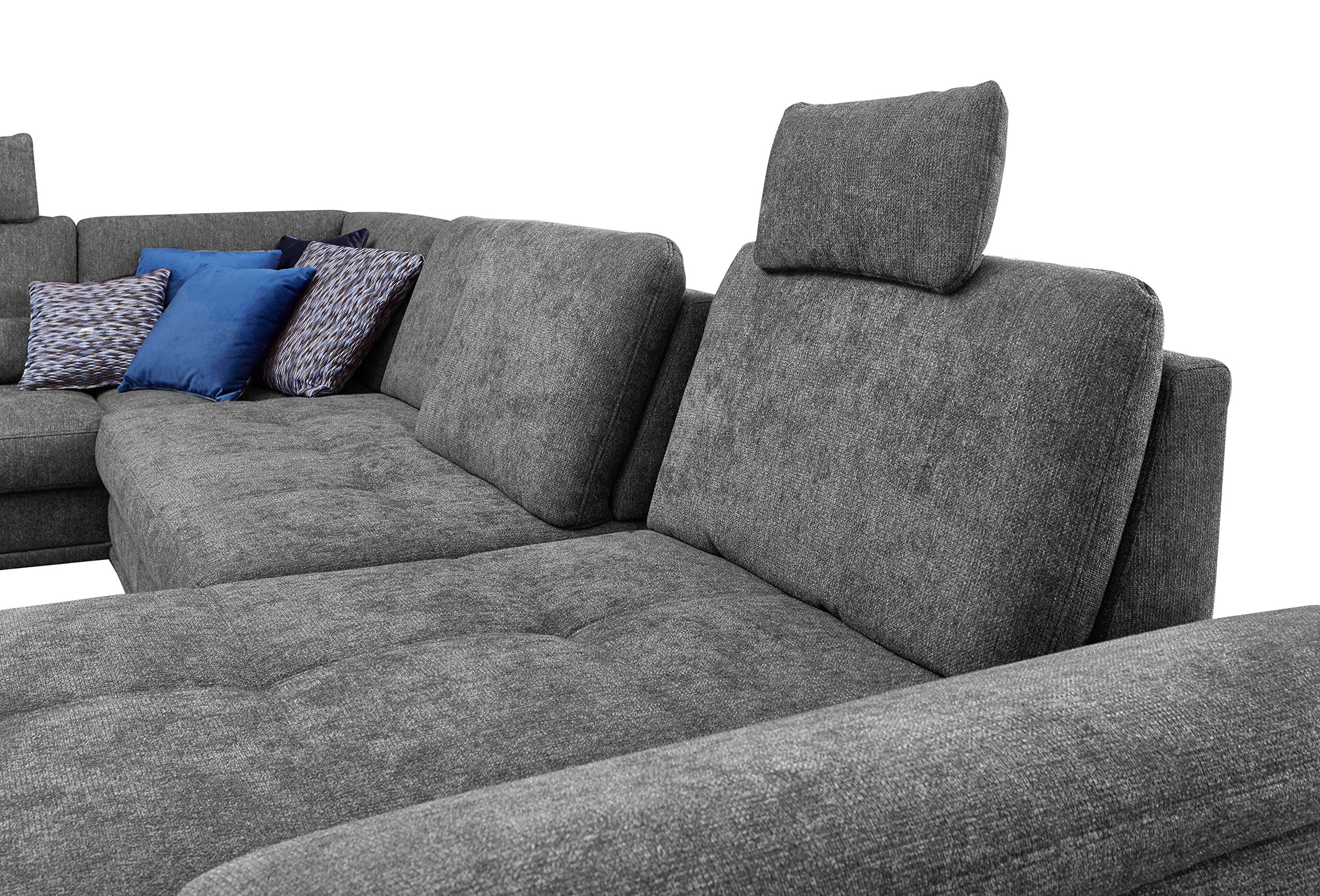 Cavadore Wohnlandschaft Castiel mit Federkern / Großes U-Form-Sofa mit Schlaffunktion, Bettkasten, Sitztiefenverstellung und Kopfstützen / 368 x 114 x 232 / Webstoff, Grau