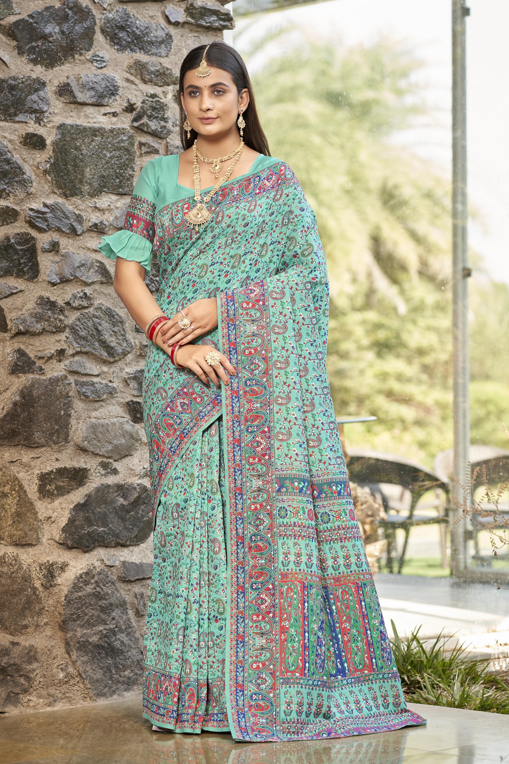Glory Sarees Women's Kashmiri Pashmina Silk Woven Saree With Blouse Piece (Heritage_Silk110_Rama)