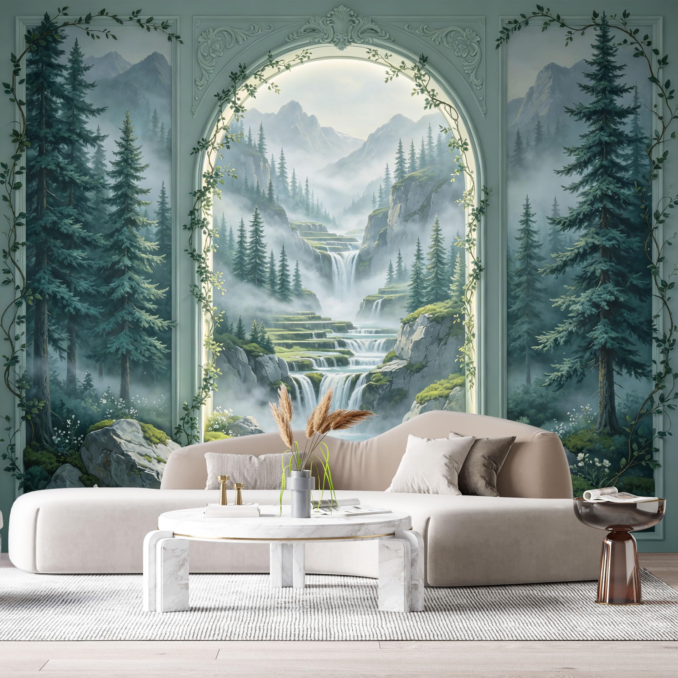 Custom Size Wall Murals Misty Mountain Waterfall Archway Landscape 3D Trompe L'Oeil SelfAdhesiveWall Fabric Removable Wallpaper Wall Decor for Living Room Bedroom Bathroom