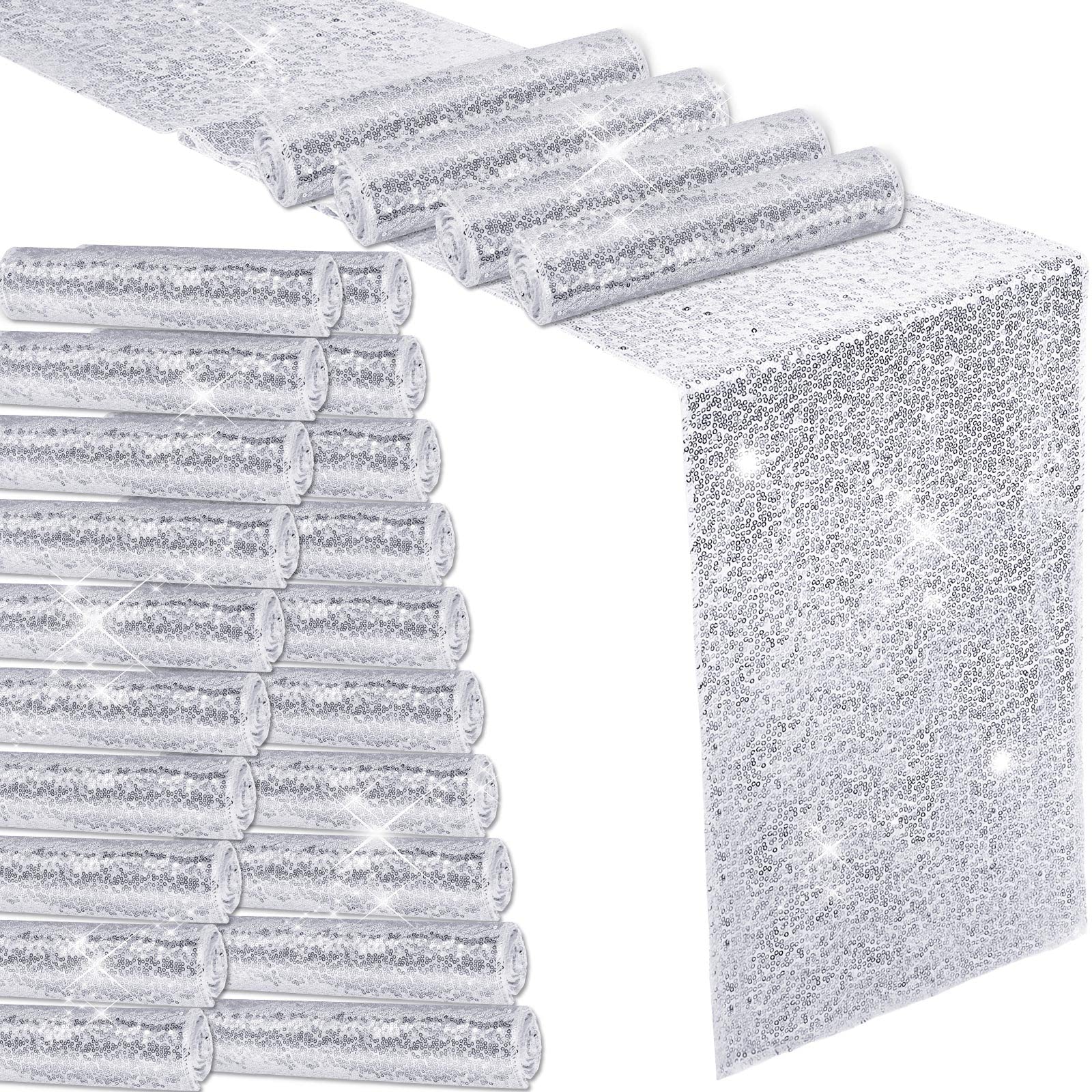 20 Pcs 30x275 cm Sequin Table Runner Bulk Sequin Table Cloth Table Decorations for Party Rectangle Table Covers for Birthday Wedding Engagement Supplies Holiday Celebration (Silver)