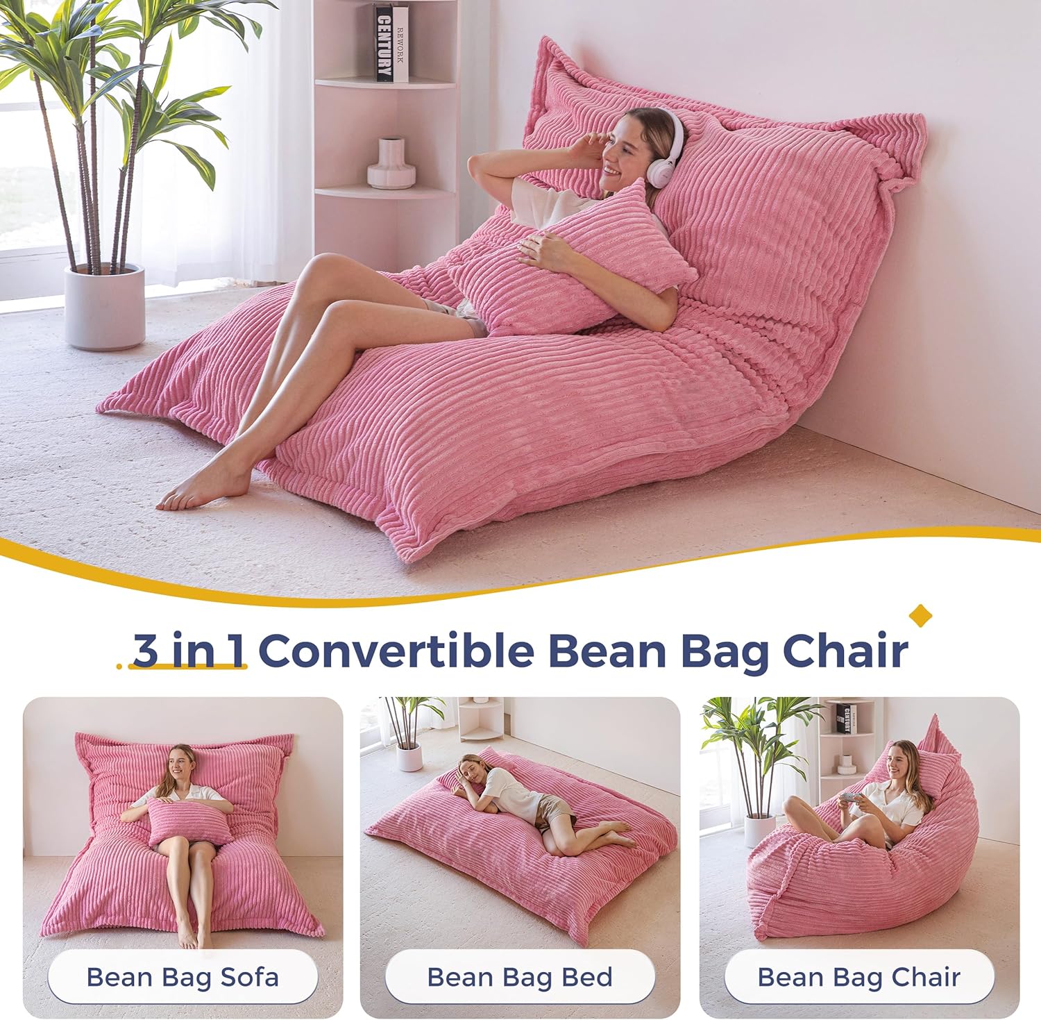MAXYOYO Giant Bean Bag Chair with Pillow, 3 in 1 Convertible Bean Bag Chair for Adults with Washable Cover, Removable Floor Cushion Stuffed Floor Lounger for Living Room Bedroom, Pink, Full - Image 4