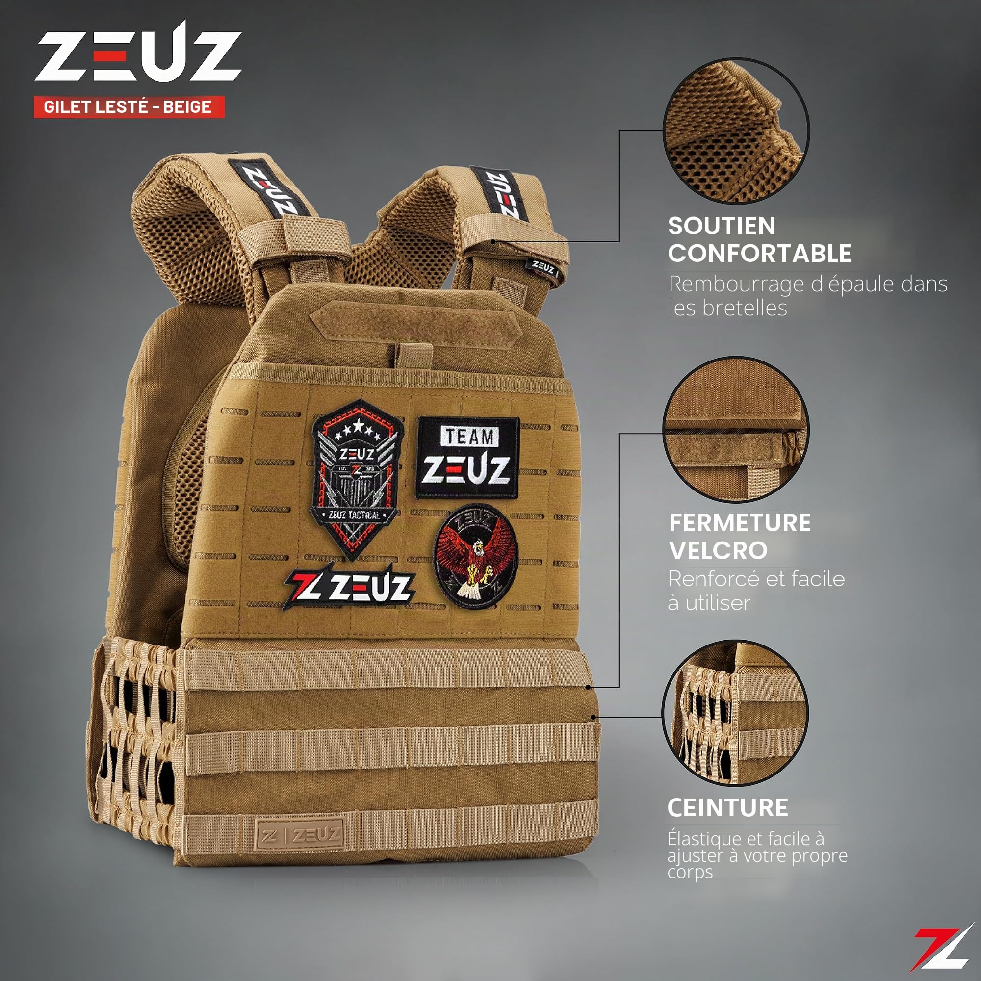 ZEUZ® 3.0 Gilet de poids Crossfit & Fitness 16,5 KG – Gilet tactique & Veste d'entraînement - Réglable en Poids – 19 Stands - Beige