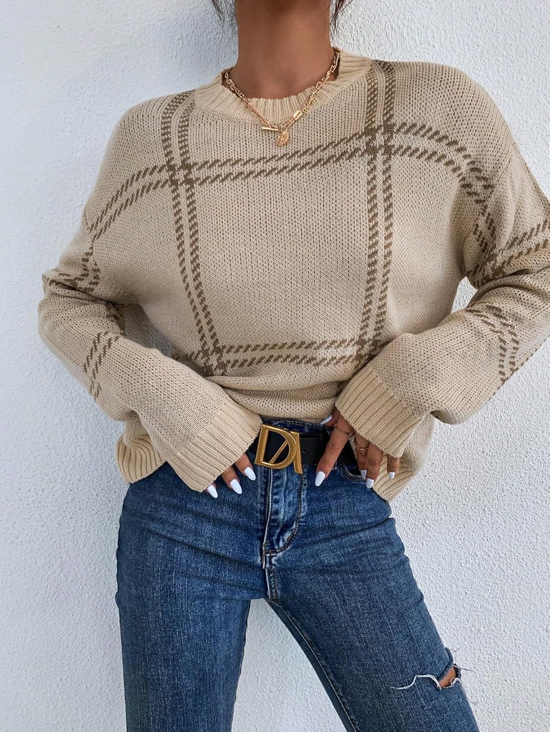SOLY HUX Women's Knit Sweater Crew Neck Long Sleeve Plaid Pullover Tops Fall Clothes - Image 3