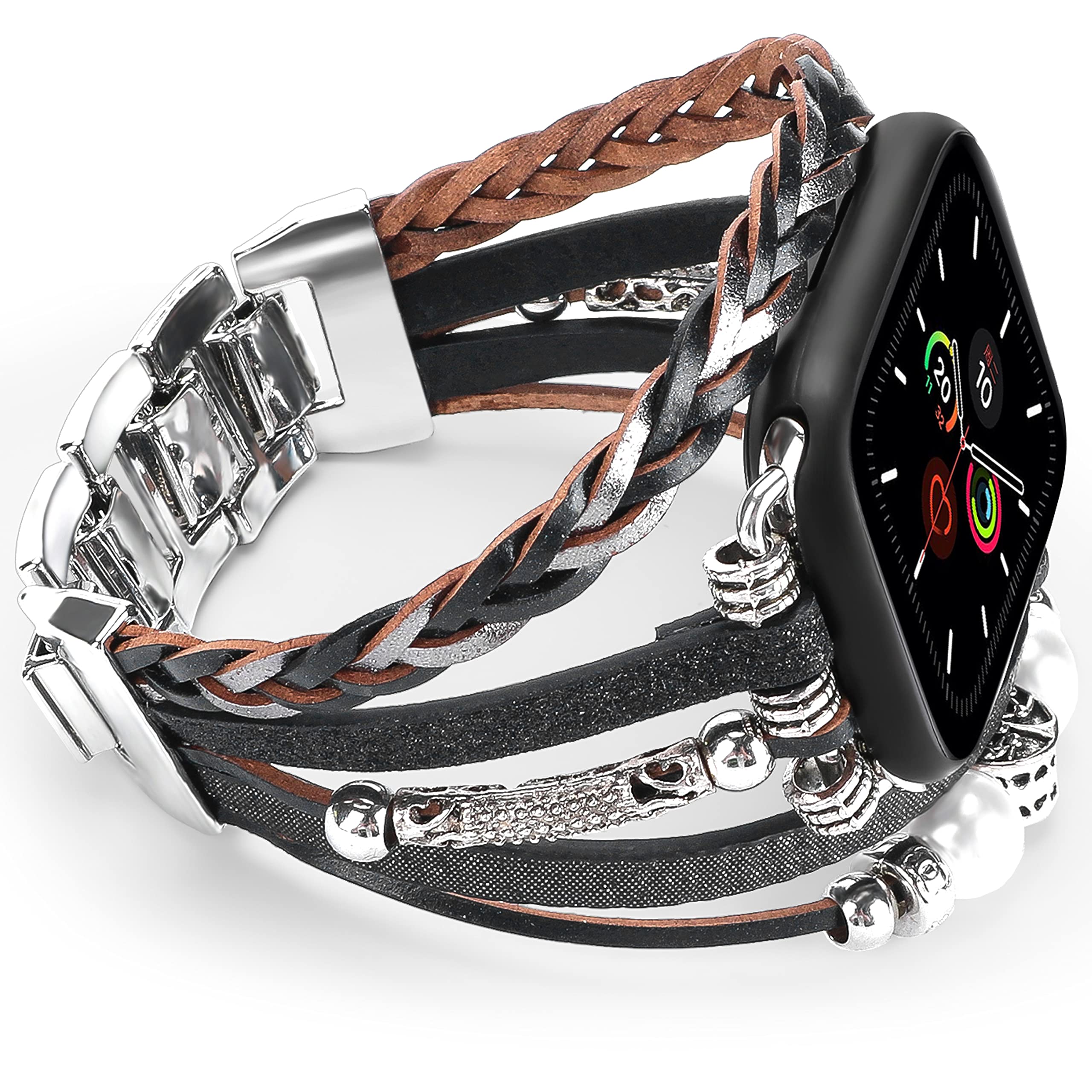 HUOTO Luxury Leather Bands Compatible With Apple Watch 38mm 40mm 41mm 45mm 44mm 42mm 49mm Women Men Girls, Handmade Bracelets Multilayer Jewelry Wrap Strap with Adjustable Metal Clasp for iwatch