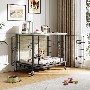 Medium Dog Crate Furniture, 70 cm Double Door Wooden Dog Crate, Heavy Duty Steel Frame, Dog Crate Side End Table, Chew-Resistant Pine Wood Top, Removable Tray, Wheels, Black