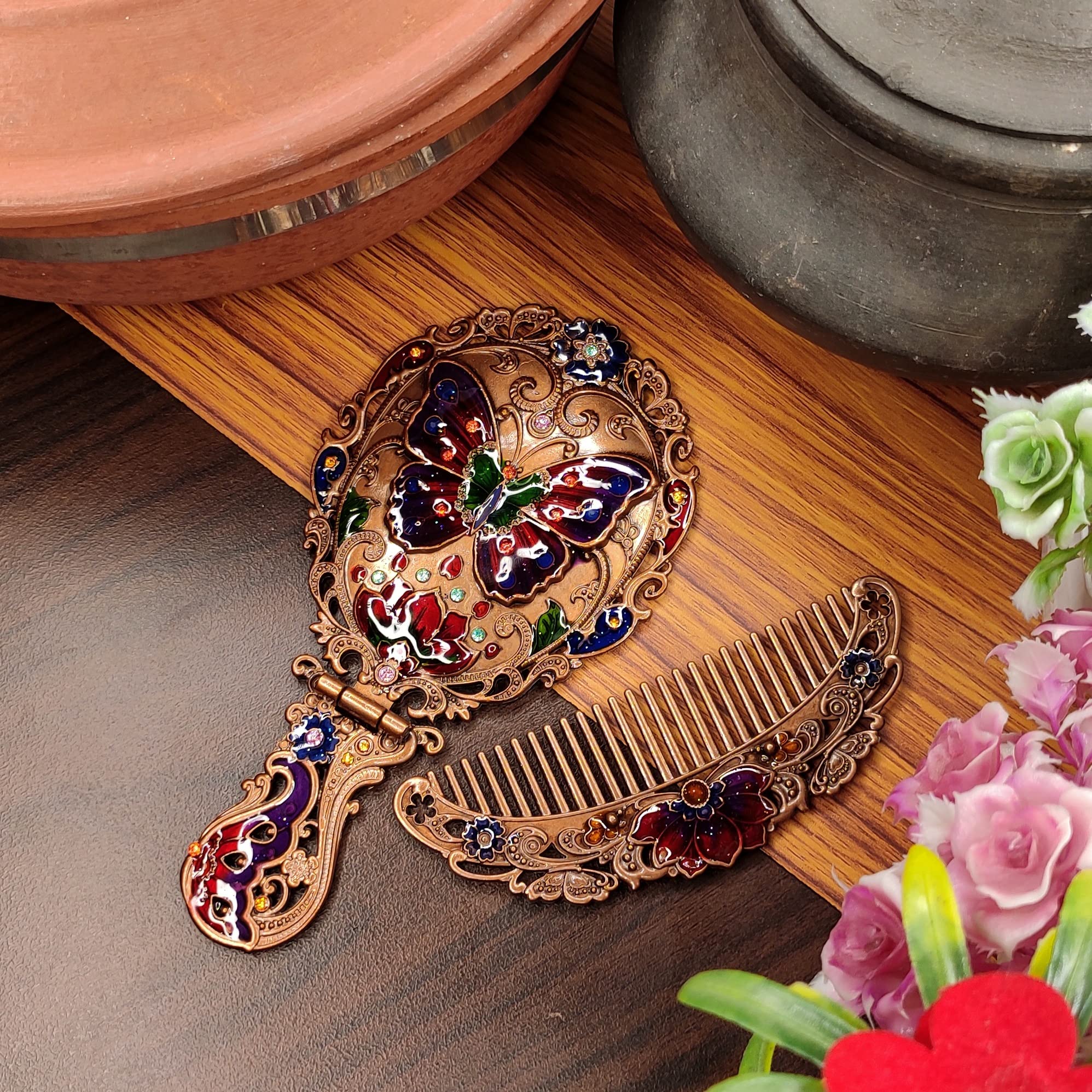 Vemlons Makeup Mirror Compact Mirror Metal Hand Mirror and Comb/Antique Mirror (Comb and Mirror)-image-41