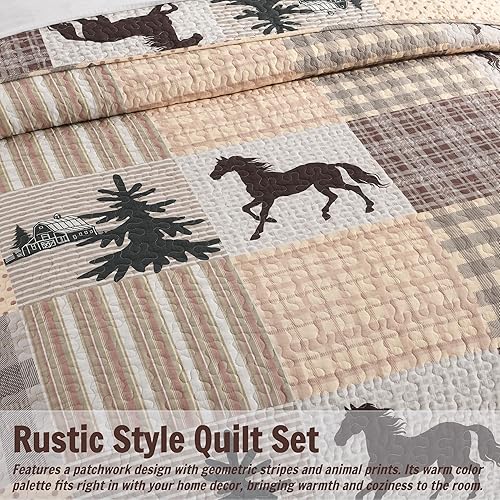 Miniatura 5 de Juego de edredón de retazos Queen de 3 piezas, ropa de cama 100% algodón con diseño a cuadros de bosque y caballo, colcha ligera para todas las