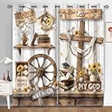 HIYSMT Rustic Farmhouse Cotton Flowers Curtains, 4284inch Christian Cross Bible Verse Blackout Curtain,Inspirational Quotes Country Wood Window Drapes for Bedroom Living Room Guest Room,2Panel HI030YL