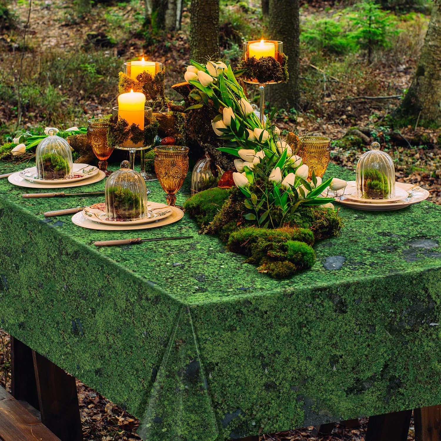 6Pcs Green Moss Plastic Tablecloths Grass Green Leaf Table Cloth Disposable Rectangle Table Cover for Soccer World Cup Nature Forest Jungle Golf Theme Party Decorations, 54 X 108inch