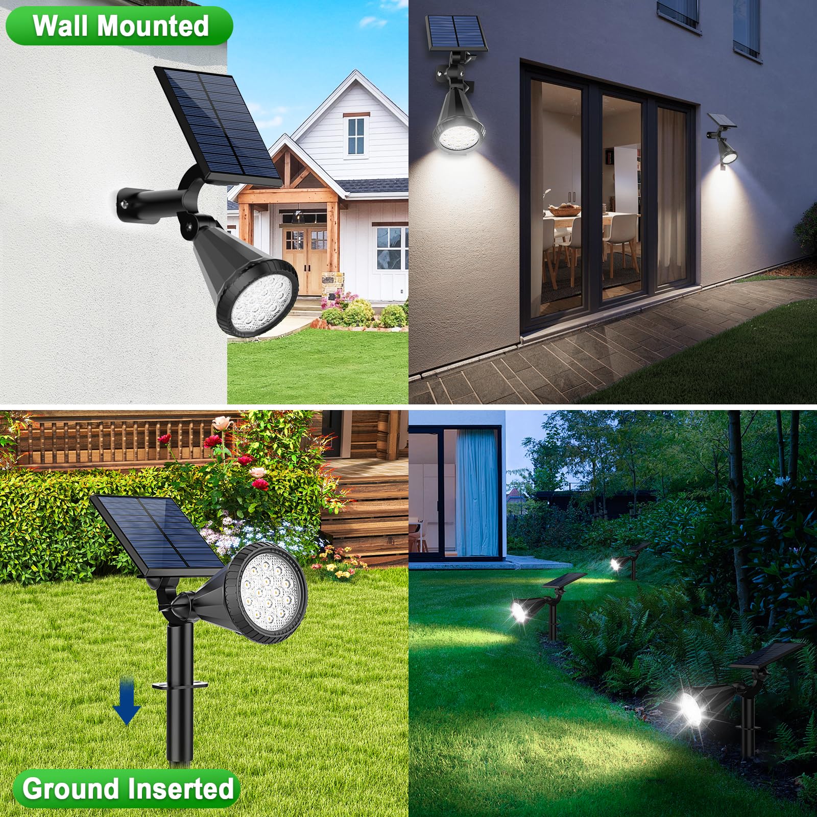 Tadyreal Luci solari per esterni, impermeabili, regolabili a 180°, per cortile, 4 modalità di illuminazione, faretti ad energia solare, per vialetti, giardini, pareti esterne, piscina, portico