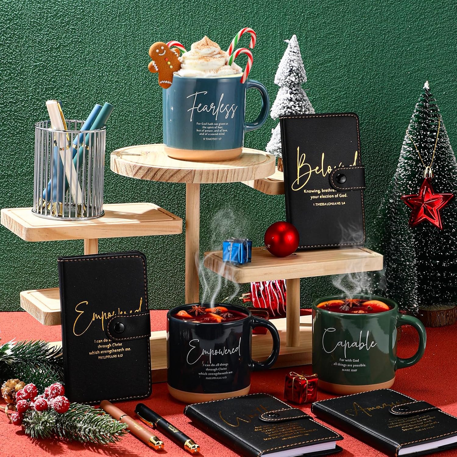 18 Pcs Christian Gift Set for Women Men, 13oz Bible Verse Ceramic Coffee Mugs with Leather Journal Pen Inspirational Mom dad Religious Gifts for Office Coworkers Pastor Church(Neutral Black) - Image 4