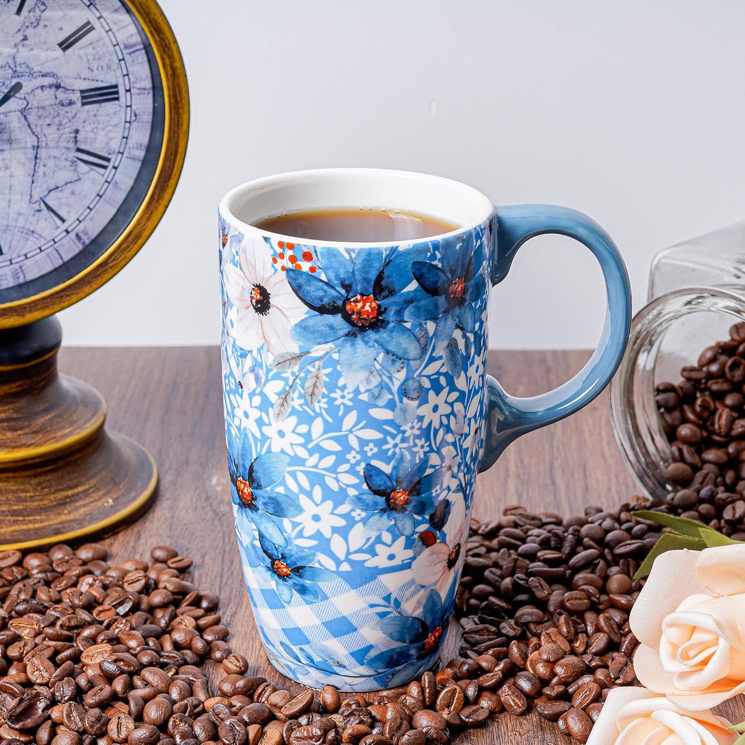 DUSVALLY Ceramic Tall Coffee Mug, Friends Coffee Cup Gift Set, Travel Mug with Lid for Office and Home, Unique Gifts for Women and Man, Flower Mug, Color Box, 17oz Large Cup, Blue - Image 4