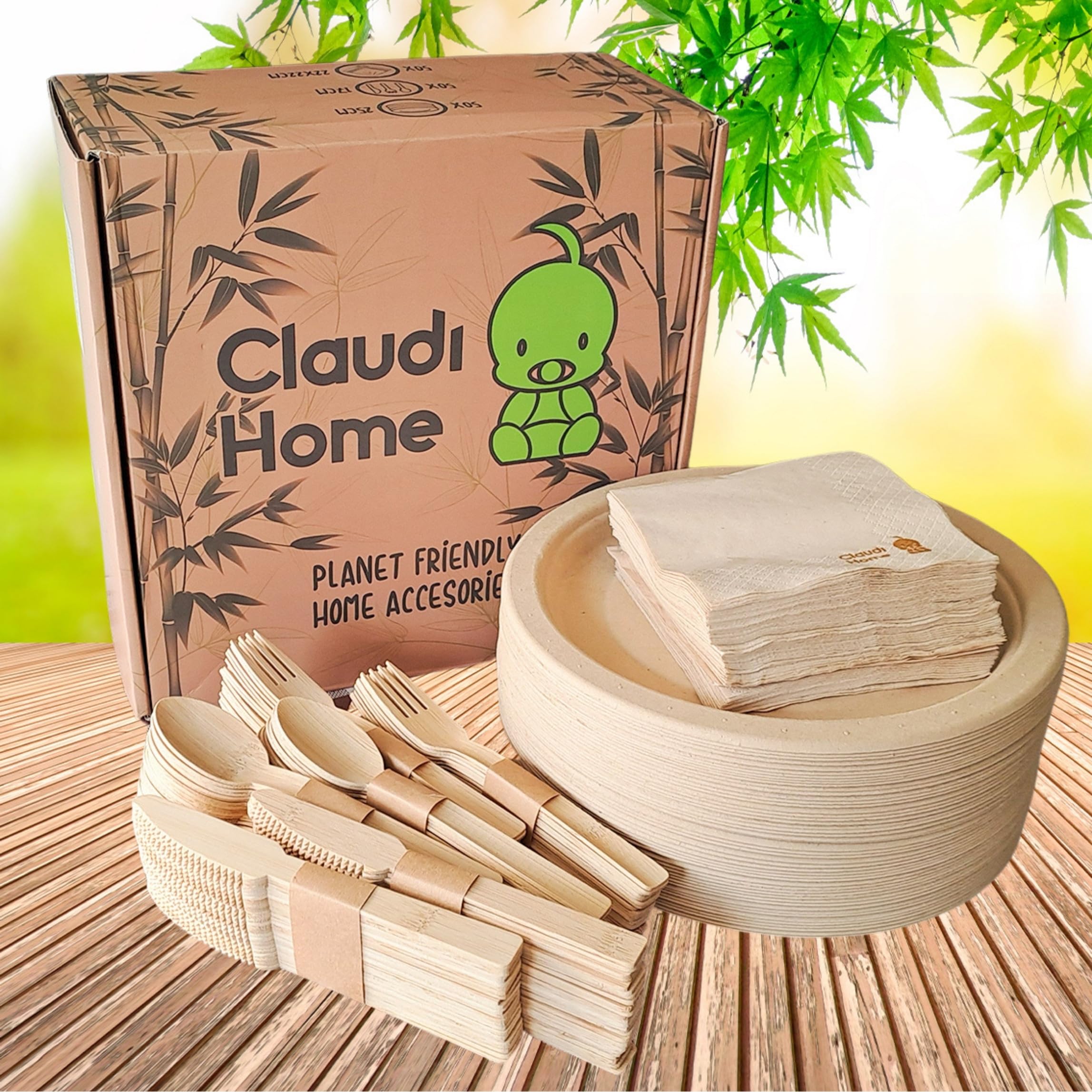 Stoviglie usa e getta compostabili 50 ospìti. Bambù ecologico- 250 pezzi (Piatto 25cm, Forchetta/Coltello/Cucchiaio 16cm, Tovagliolo 26cm) Picnic, barbecue, festa, compleanno. @Claudi Home