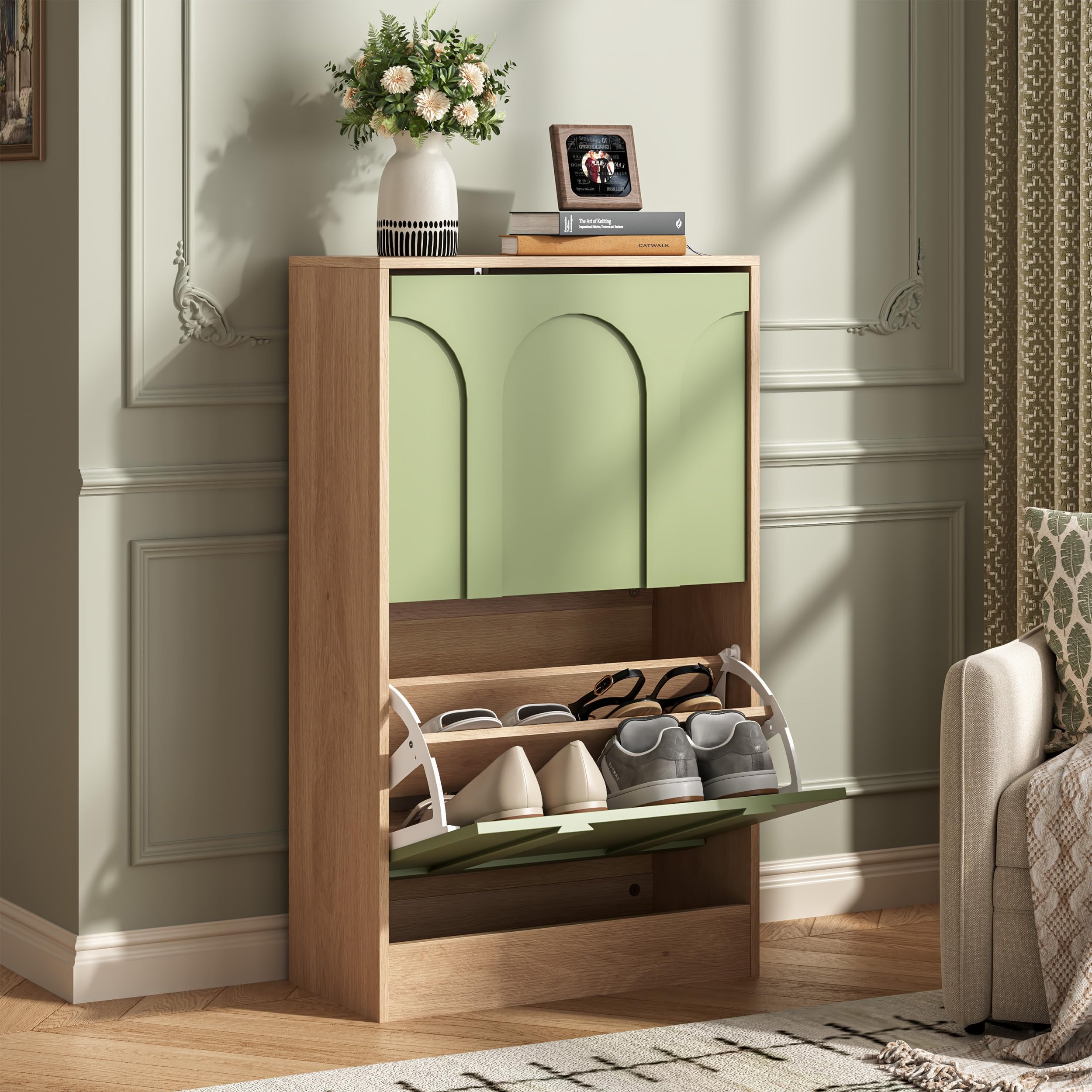 UEV Modern Sage Green Shoe Cabinet, Slim Wooden Hallway Organiser