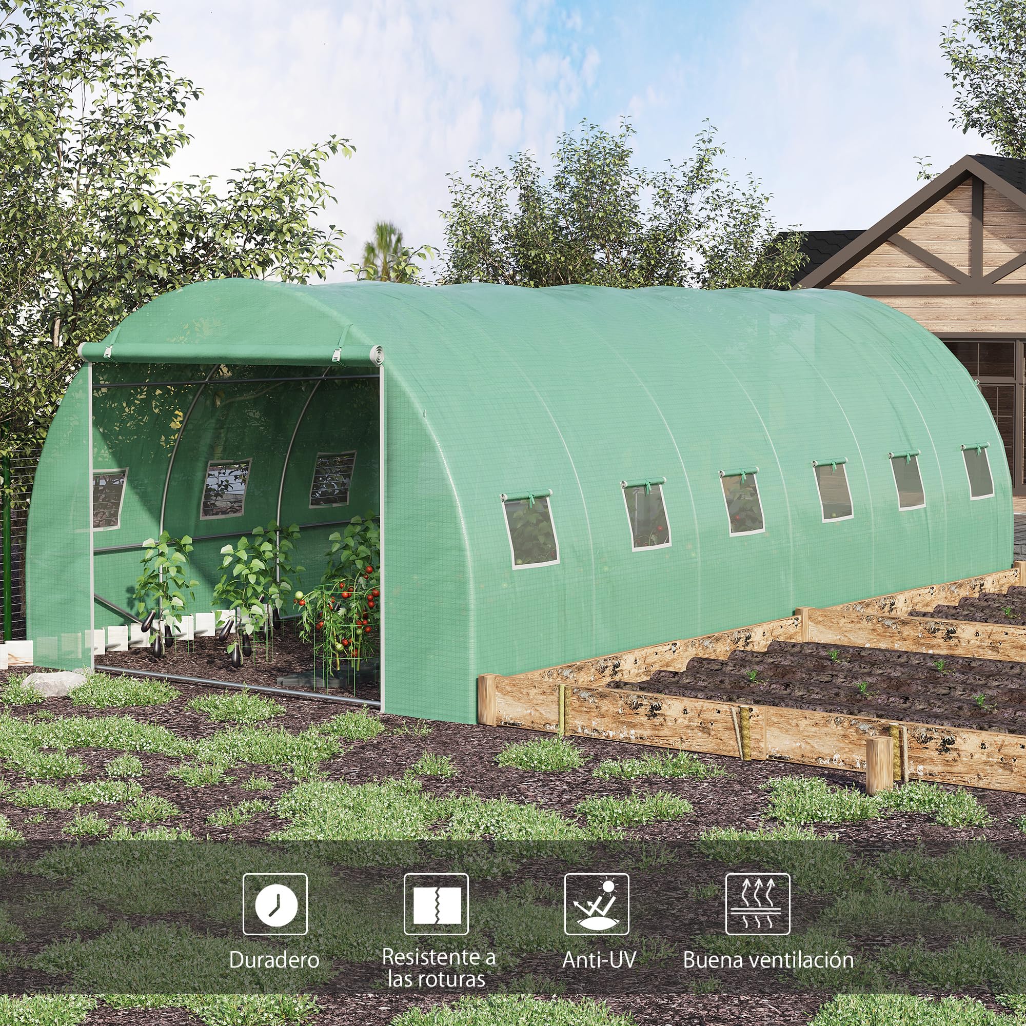 Outsunny Invernadero de Túnel de Jardín 6x3x2 m con Puerta Verde | Invernadero Exterior Grande para Huerto con 12 Ventanas, Ideal para Cultivos, Plantas, Verduras y Flores