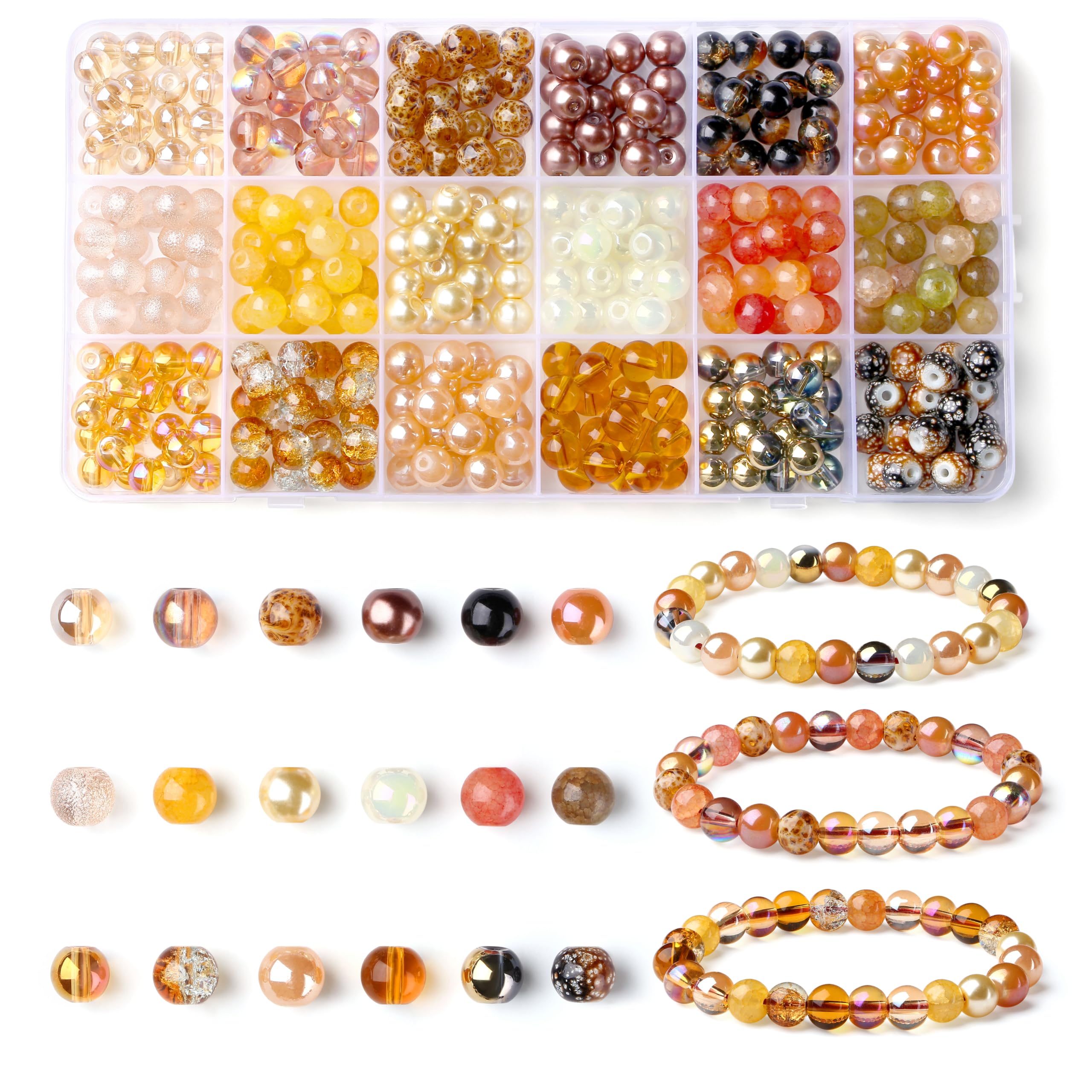 AWARDSEN 8mm Champagne Gold Round Beads for Jewellery Making Champagne Beads 18 Colors Beads for Bracelets, Necklaces, Earrings & DIY Crafts 360PCS Glass Beads