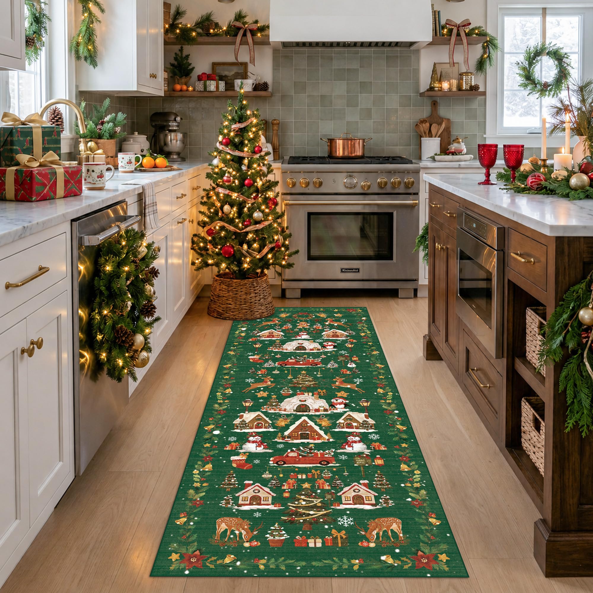 2x5 Christmas Runner Rug for Hallway - Washable Thin Kitchen Rug Runner Non Slip Low Pile Water Resistant Floor Mat for Entryway Laundry Bathroom Soft Bedroom Carpet (2x5,Green) — image 1
