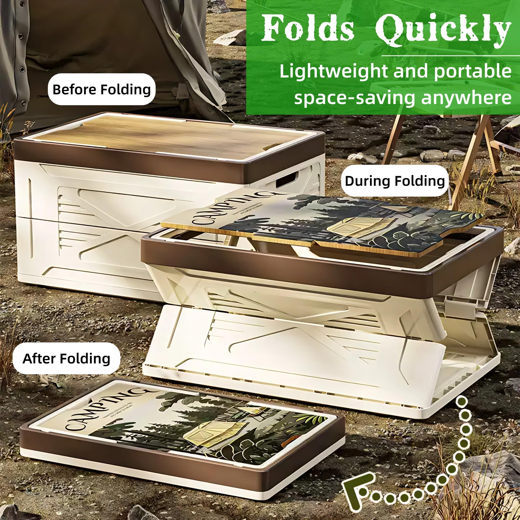 Faltbare Camping Outdoor Aufbewahrungsbox mit Decke und Griff | Stapelbar Kunststoff Auto Kofferraum Organizer Aufbewahrung, Holzdeckel, für Reisen, Familien, Garten Party, Picknick