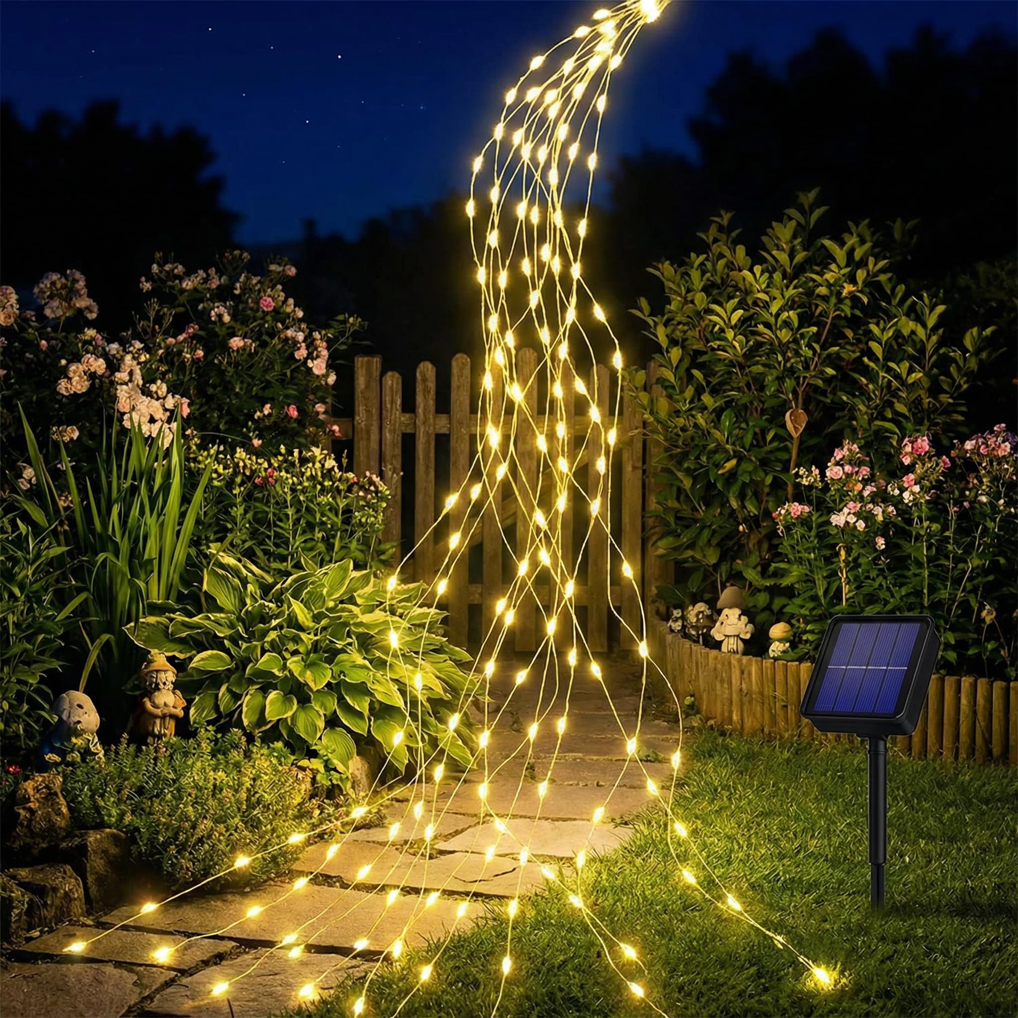BG9D Solar Lichterkette Aussen,12 Stränge 1,2M 144 LED Lichterschweif, IP67 Wasserdicht Lichterkette Wasserfall für Gießkanne Garten Deko, 8 Modi Drahtlichterkette für Baum Terrasse,Warmweiß