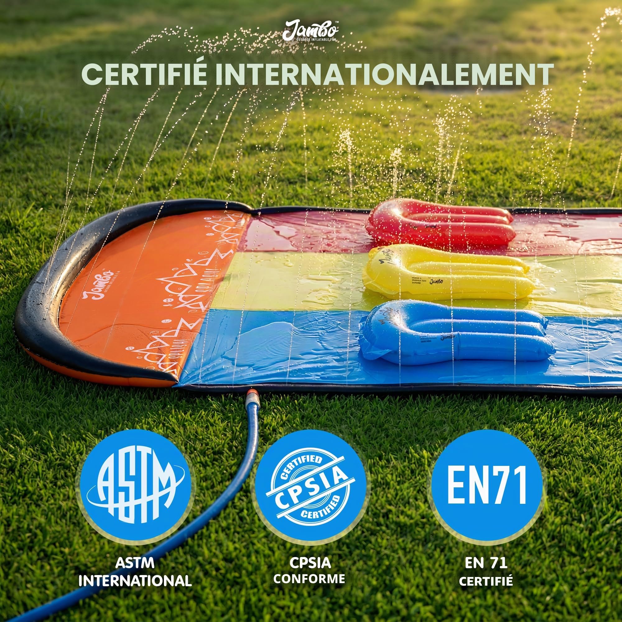 JAMBO Ventriglisse, Toboggan Aquatique 610 cm /20 ft, Tapis de Glisse Eau Enfant à Triple Piste avec 3 Bodyboards, Tapis Glissant Enfant, Jeux D’Eau