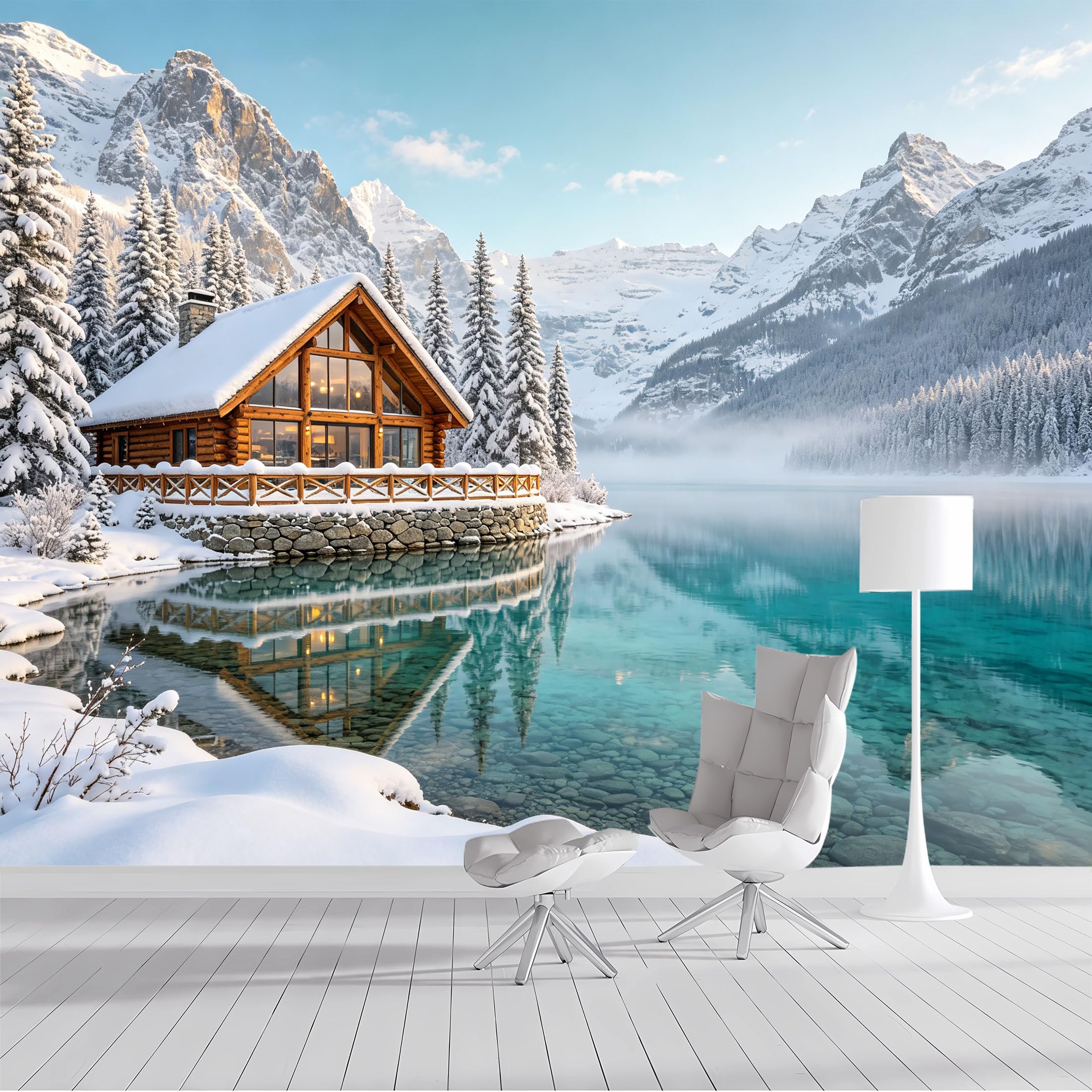 Yzpallescene Bh260711081 Custom Size Wall Mural Snowy Mountain Lake Cabin Winter Rustic Selfadhesive Wall Fabric Removable Peel And Stick Wallpaper Wall Decor For Living Room Bedroom Bathroom