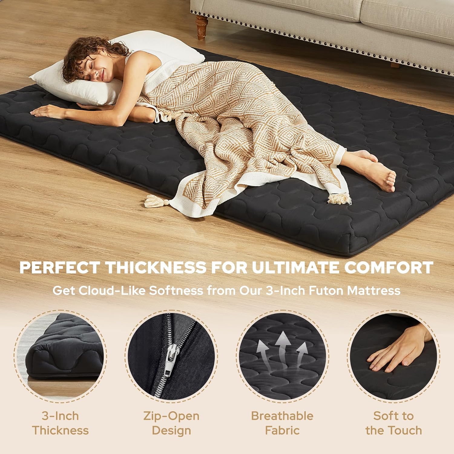Japanese Floor Mattress, Twin Futon Mattress 3" Thick Portable Sleeping Pad with High Density Foam, Foldable & Comfortable Tatami Mat for Adult, Roll Up Lounger Camping Bed, Gray