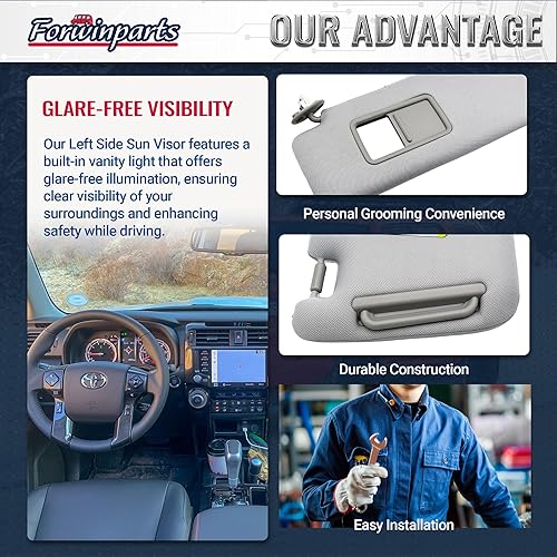 Miniatura 4 de Forwinparts Visera solar lateral izquierda con luz de tocador para Toyota 4Runner 2010-2023 7432035A91B1 7432035A90B1 gris
